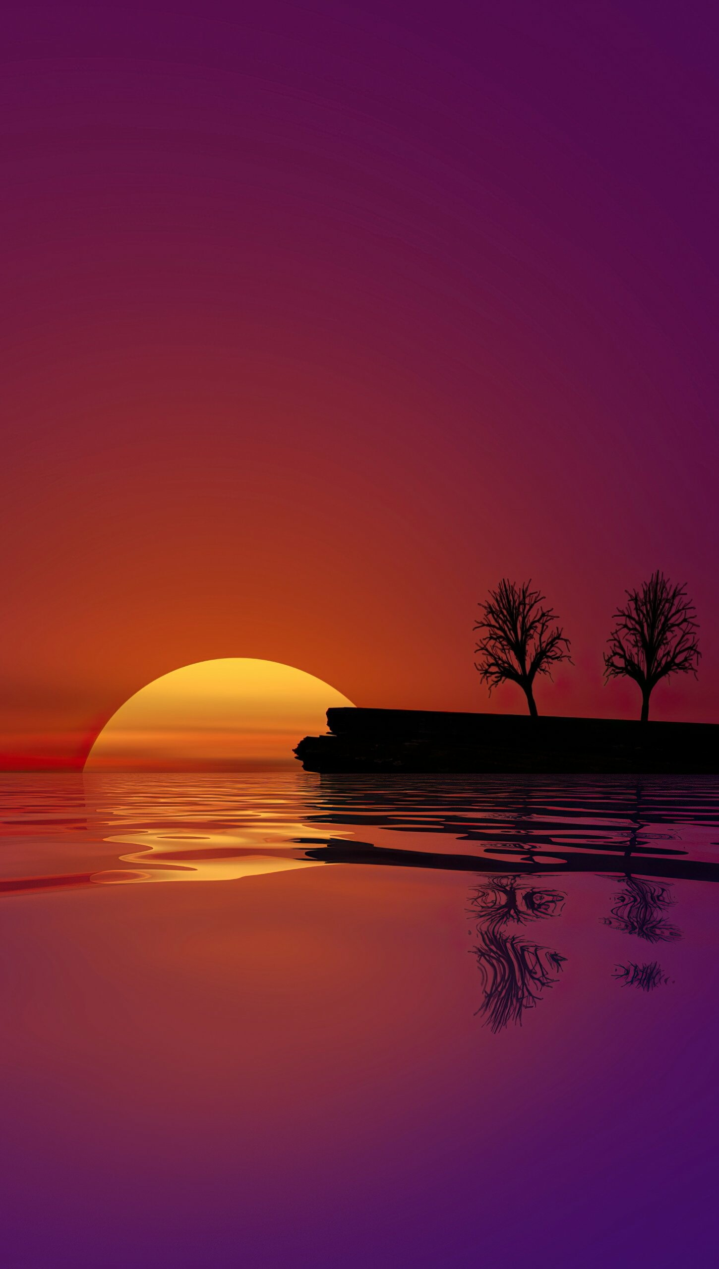 Setting sun horizon, Silhouetted trees on cliff, Purple orange reflection Setting sun horizon, Silhouetted trees on cliff, Purple orange reflection — 1450×2560 HD wallpaper