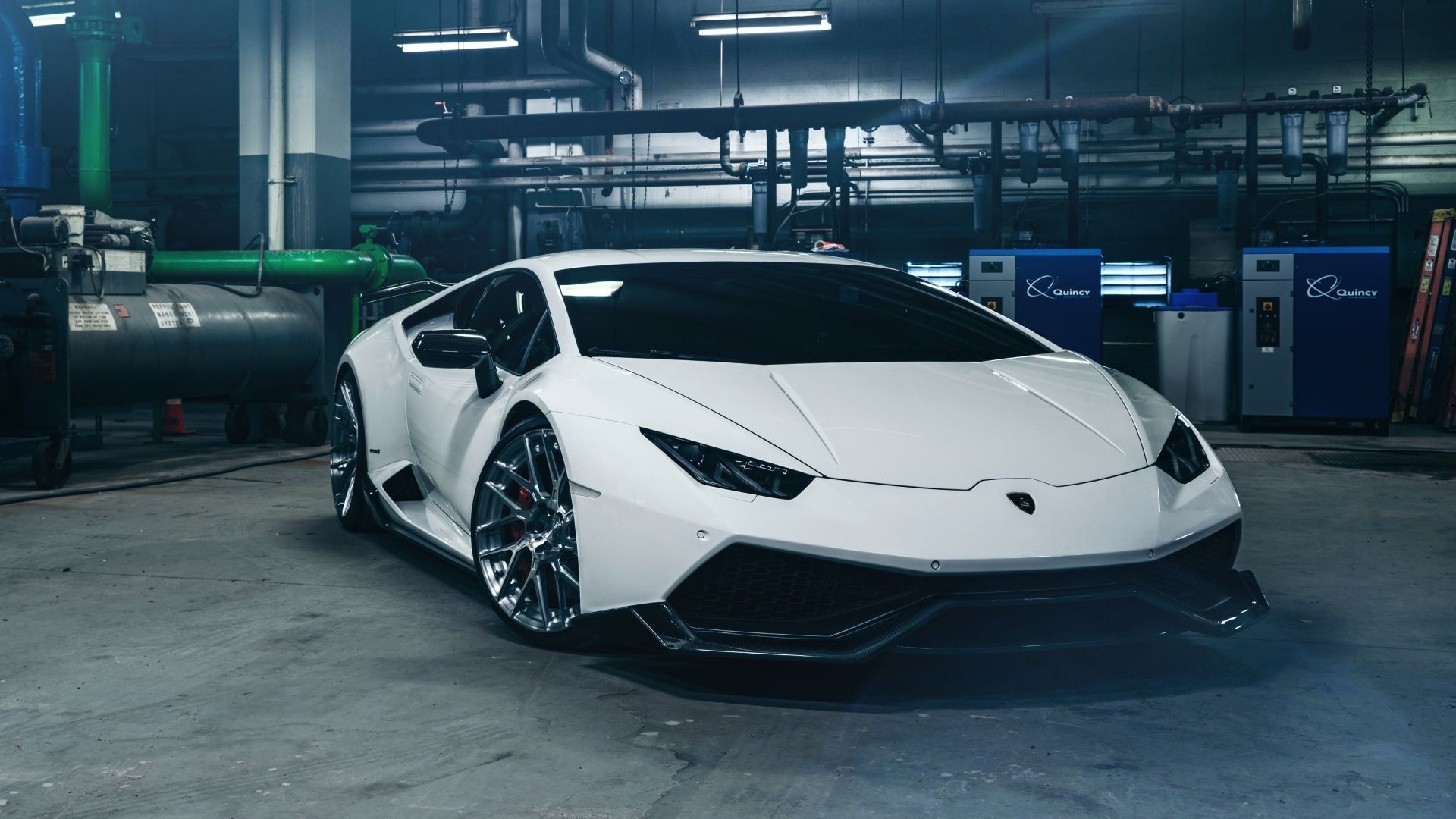 White Lamborghini Huracan, Industrial garage interior, Chrome multi-spoke wheels White Lamborghini Huracan, Industrial garage interior, Chrome multi-spoke wheels — 1920×1080 HD wallpaper
