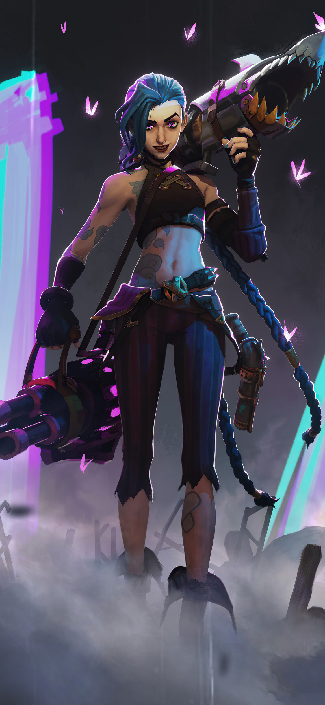 Jinx battlefield stance, Pow-Pow minigun, Fishbones on shoulder Jinx battlefield stance, Pow-Pow minigun, Fishbones on shoulder — 1125×2436 HD wallpaper