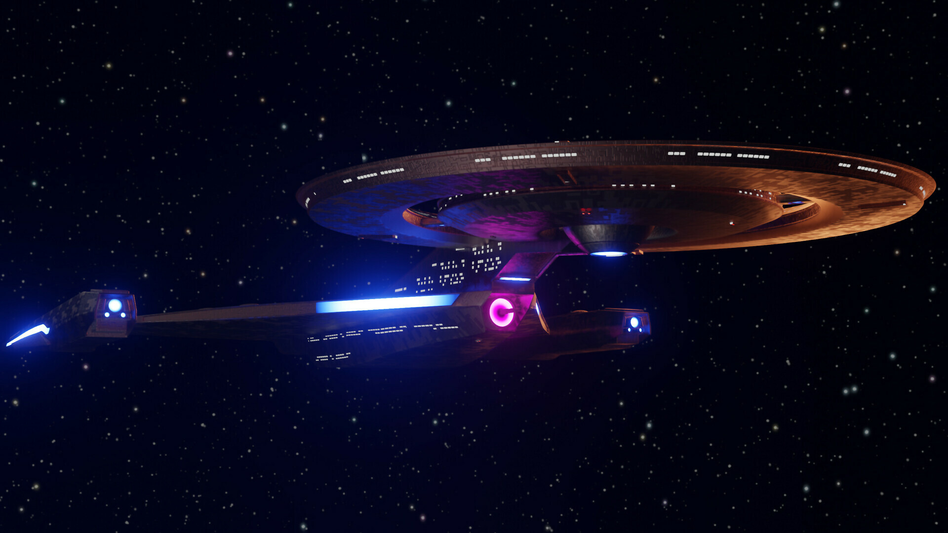 Galaxy-class starship, Deep space starfield, Magenta deflector glow Galaxy-class starship, Deep space starfield, Magenta deflector glow — 1920×1080 HD wallpaper