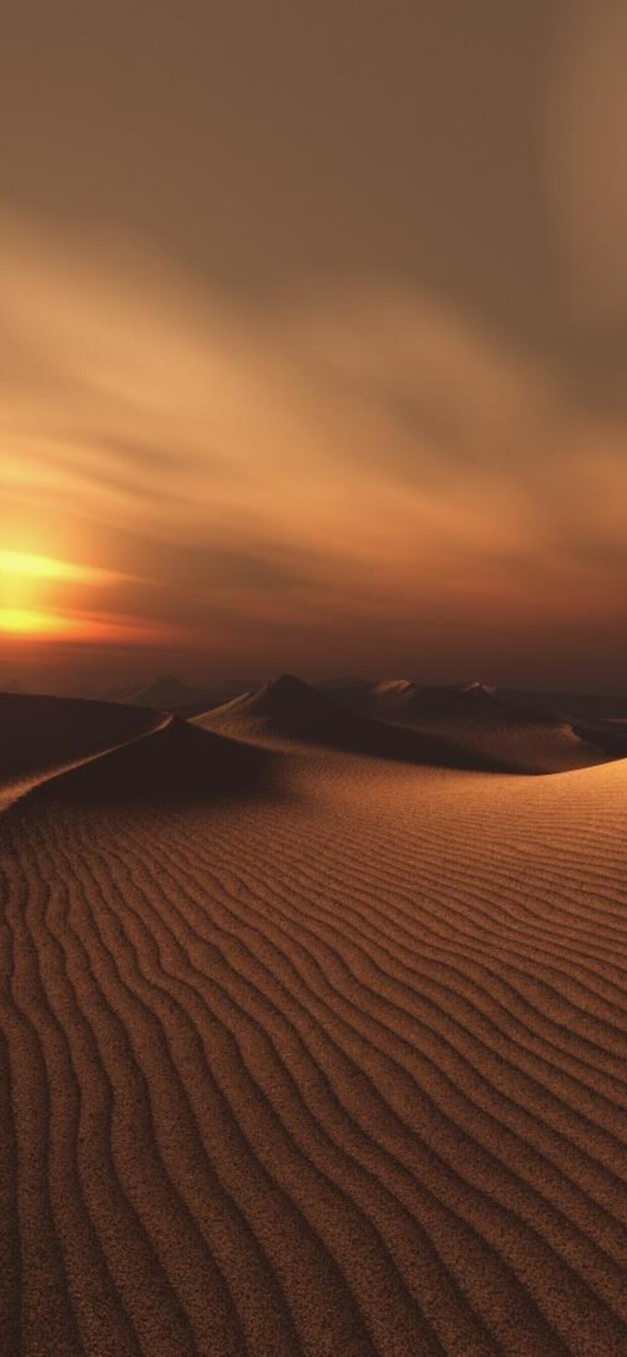 Rippled sand dunes, Orange sunset horizon, Hazy desert sky Rippled sand dunes, Orange sunset horizon, Hazy desert sky — 1242×2688 HD wallpaper