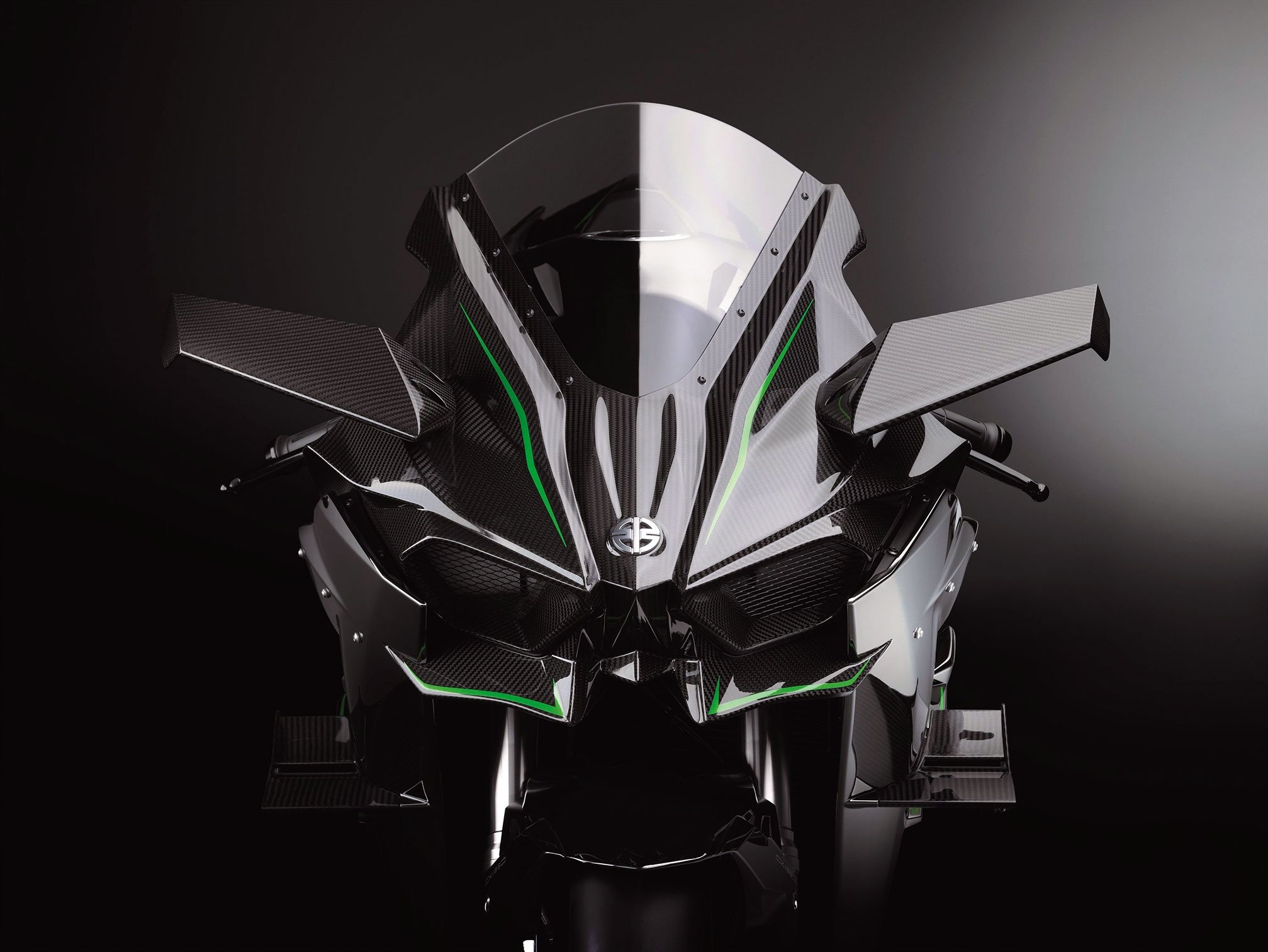Kawasaki Ninja H2R, Carbon aero winglets, Front-on dark studio Kawasaki Ninja H2R, Carbon aero winglets, Front-on dark studio — 2015×1512 HD wallpaper