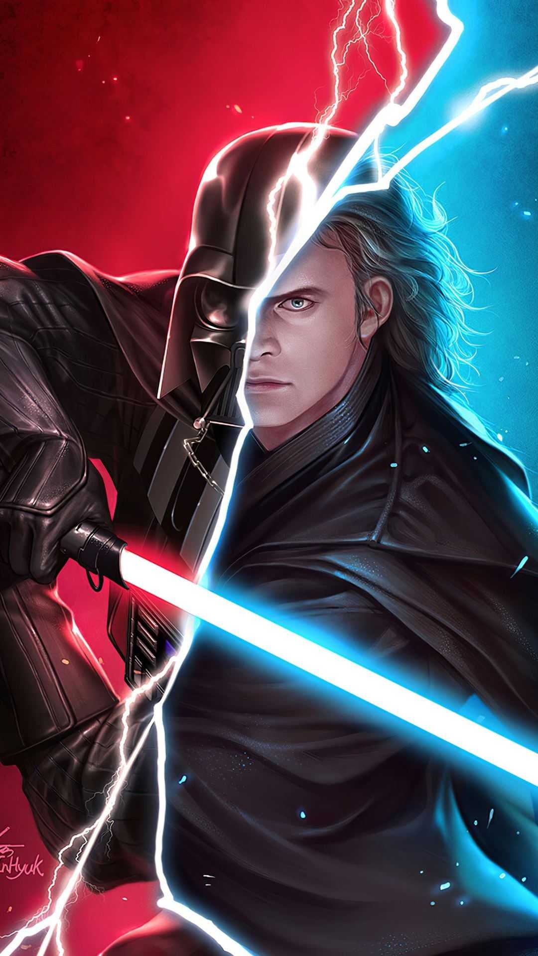 Darth Vader helmet, Anakin Skywalker, Split-face duality portrait, Blue lightsaber Darth Vader helmet, Anakin Skywalker, Split-face duality portrait, Blue lightsaber — 1080×1920 HD wallpaper