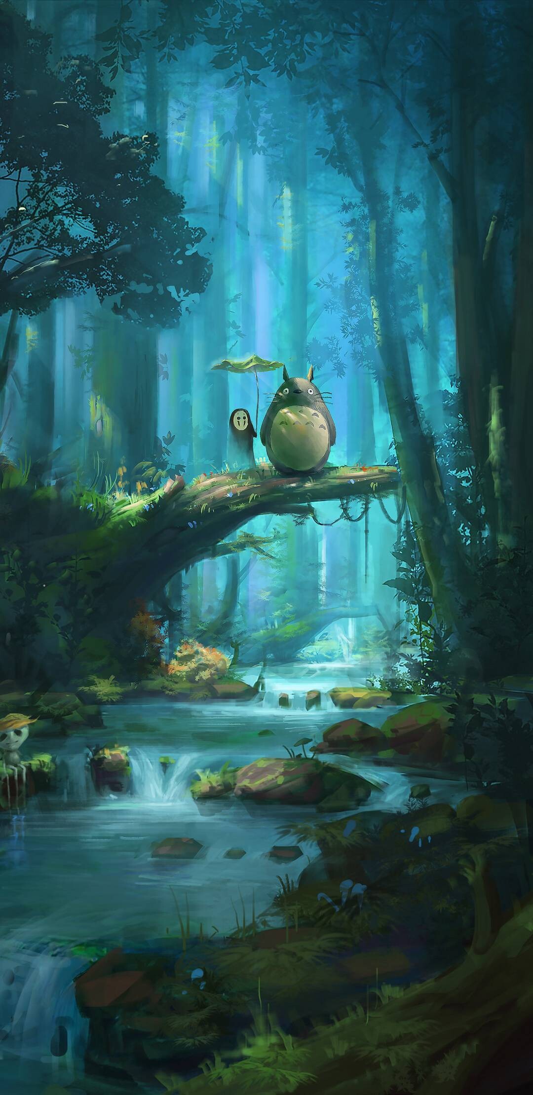 Totoro, No-Face, Spirited Away, Forest stream Totoro, No-Face, Spirited Away, Forest stream — 1080×2220 HD wallpaper