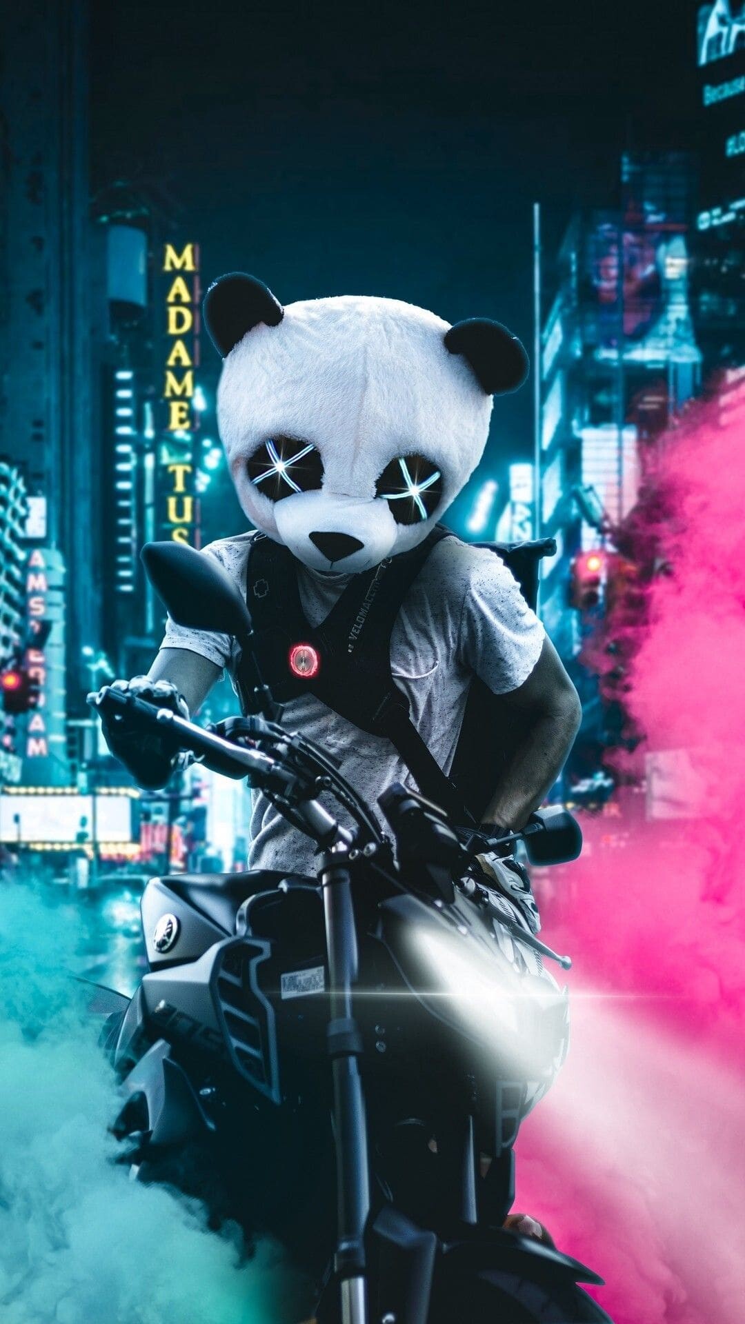 Panda mask biker, Madame Tussauds Amsterdam signage, Neon cyberpunk street, Pink smoke motorcycle Panda mask biker, Madame Tussauds Amsterdam signage, Neon cyberpunk street, Pink smoke motorcycle — 1080×1920 HD wallpaper