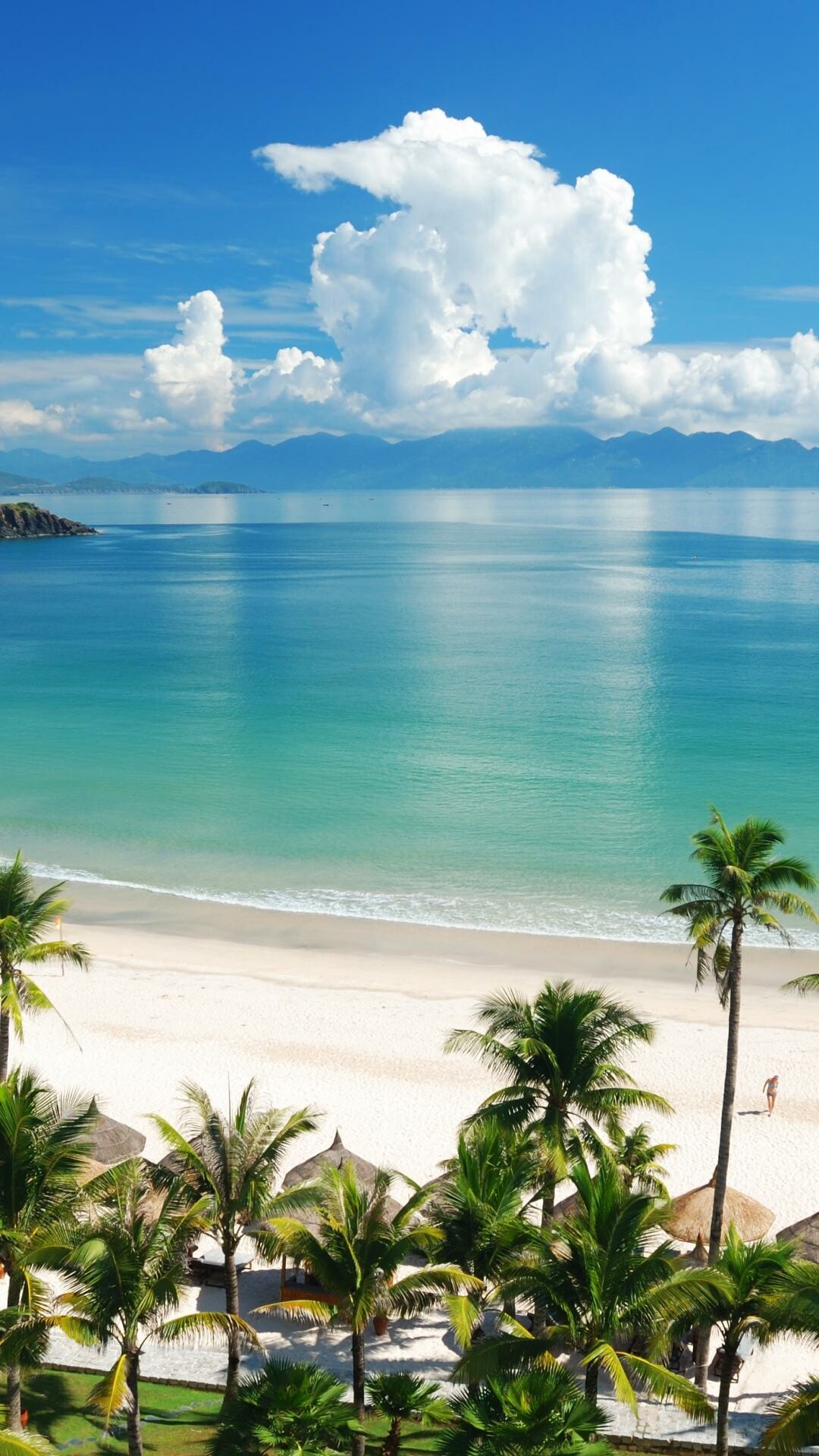 Tropical beach resort, Coconut palm trees, Cumulus clouds ocean Tropical beach resort, Coconut palm trees, Cumulus clouds ocean — 1080×1920 HD wallpaper