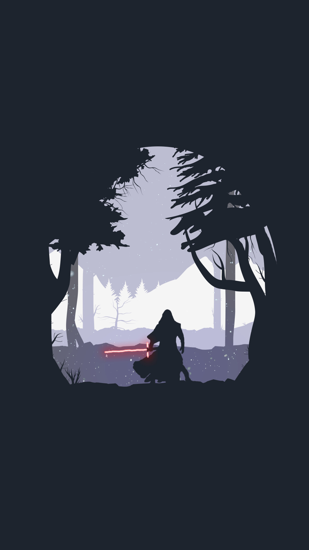 Kylo Ren silhouette, Star Wars: The Force Awakens, Red crossguard lightsaber, Minimalist forest Kylo Ren silhouette, Star Wars: The Force Awakens, Red crossguard lightsaber, Minimalist forest — 1080×1920 HD wallpaper