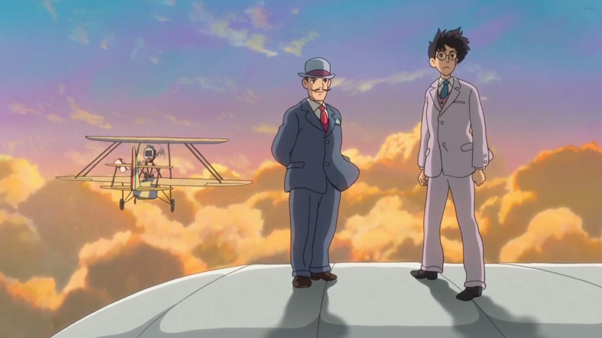 Jiro Horikoshi and Caproni, Vintage biplane clouds, Sunset dream sky Jiro Horikoshi and Caproni, Vintage biplane clouds, Sunset dream sky — 1920×1080 HD wallpaper