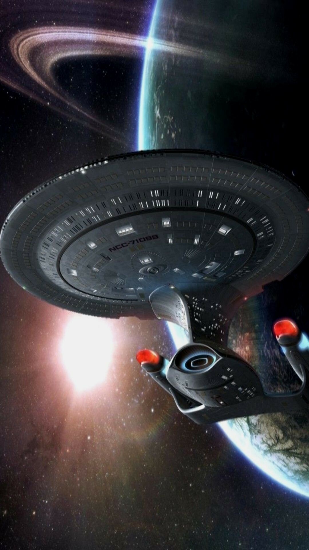 Galaxy-class starship, Ringed planet, Sunrise glow Galaxy-class starship, Ringed planet, Sunrise glow — 1080×1920 HD wallpaper