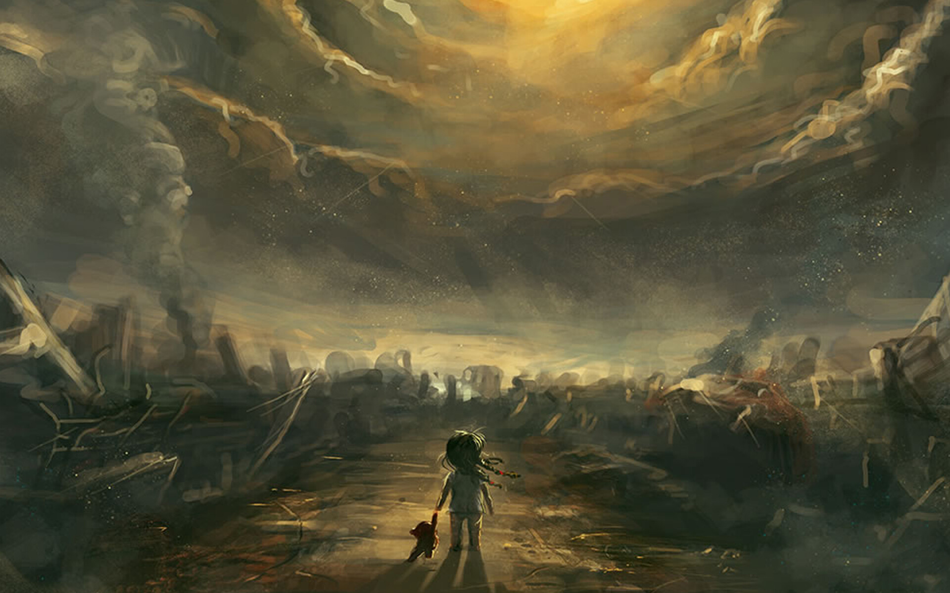 Lone child with teddy bear, Ruined city skyline, Smoke-filled apocalyptic sky Lone child with teddy bear, Ruined city skyline, Smoke-filled apocalyptic sky — 1920×1200 HD wallpaper