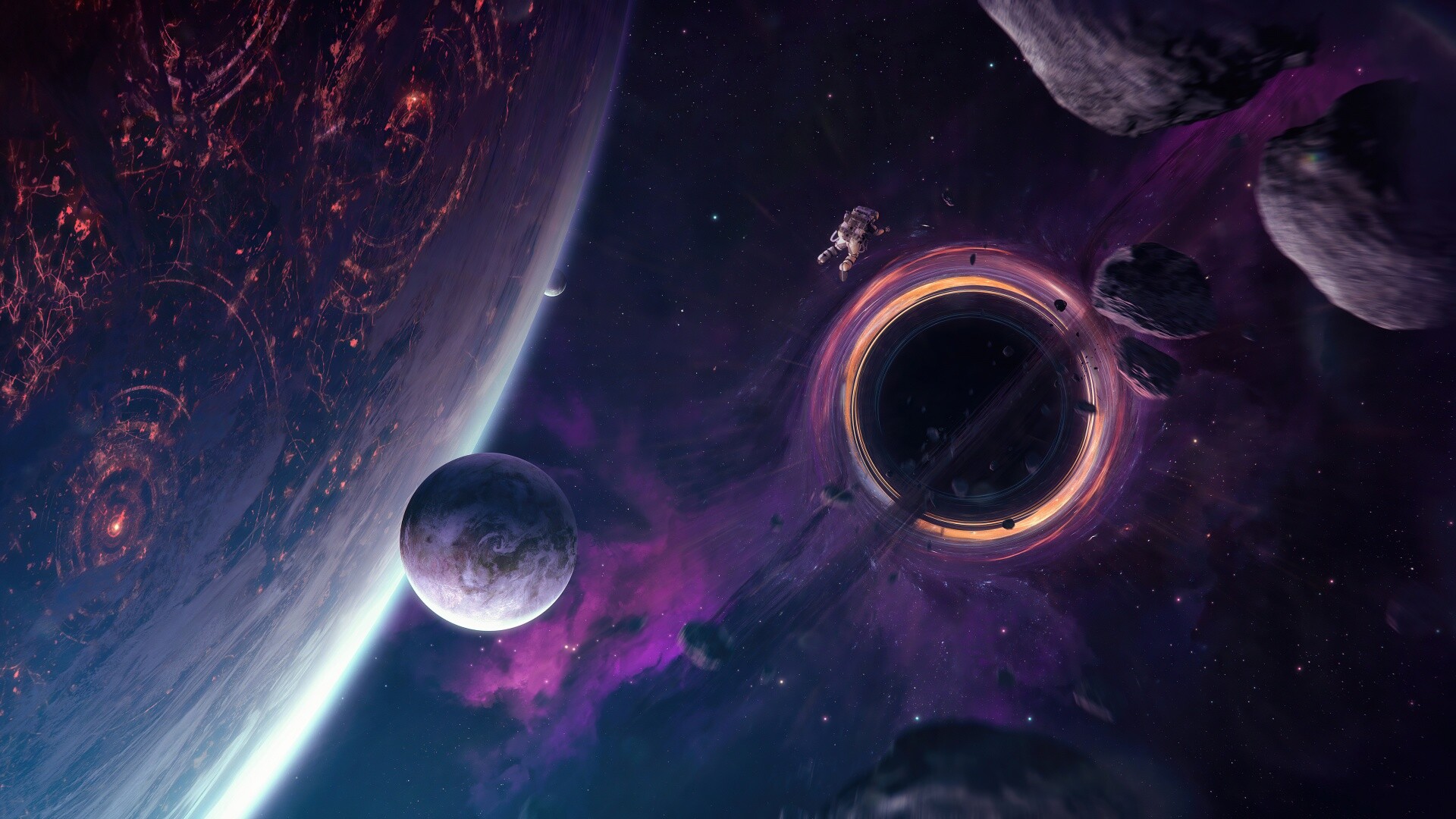 Floating astronaut, Glowing black hole, Purple nebula planet, Drifting asteroids Floating astronaut, Glowing black hole, Purple nebula planet, Drifting asteroids — 1920×1080 HD wallpaper