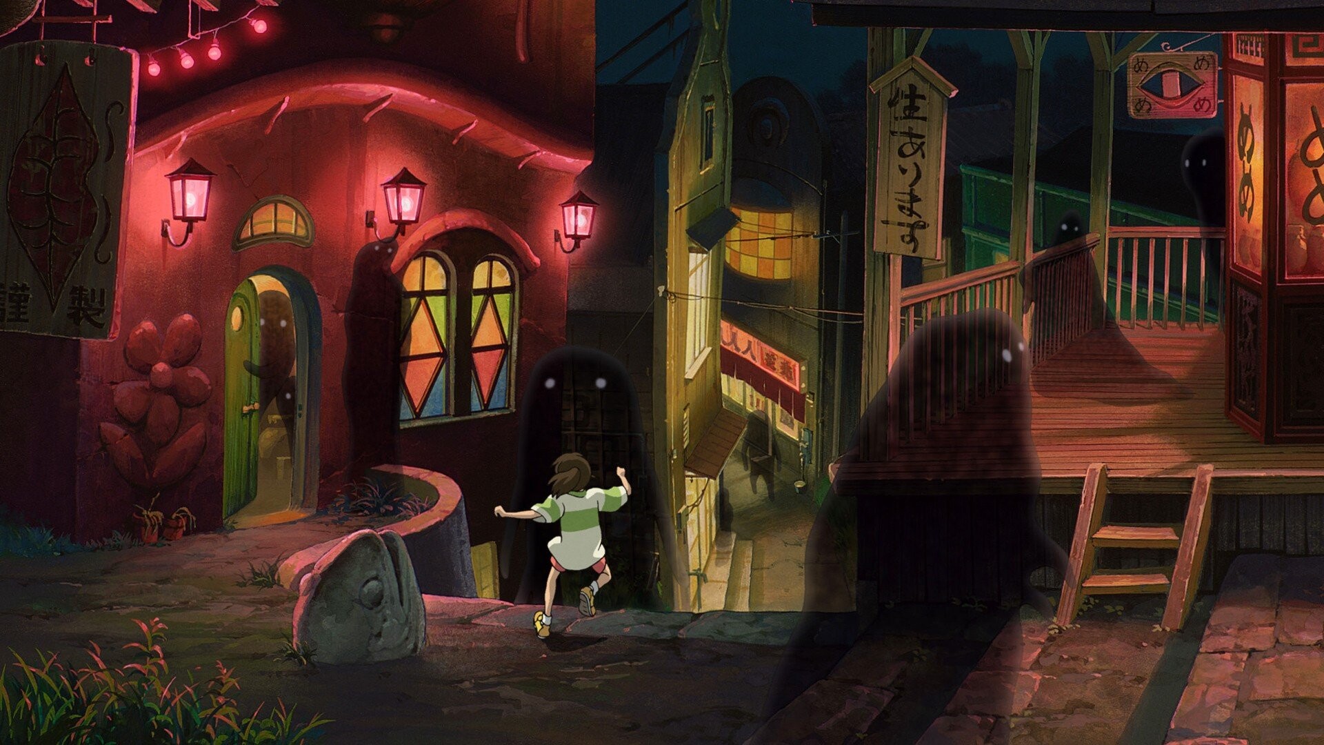 Chihiro Ogino, Spirited Away (2001), Hayao Miyazaki, Shadow spirits night street Chihiro Ogino, Spirited Away (2001), Hayao Miyazaki, Shadow spirits night street — 1920×1080 HD wallpaper