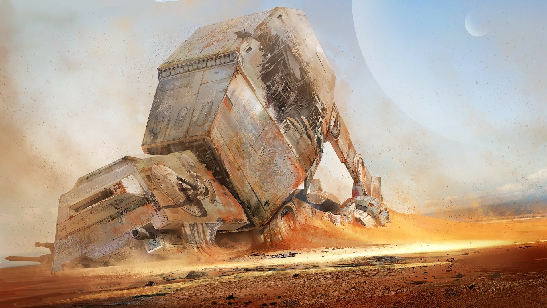 Crashed AT-AT walker, Galactic Empire, Pale moon haze, Jakku desert dunes Crashed AT-AT walker, Galactic Empire, Pale moon haze, Jakku desert dunes — 1920×1080 HD wallpaper