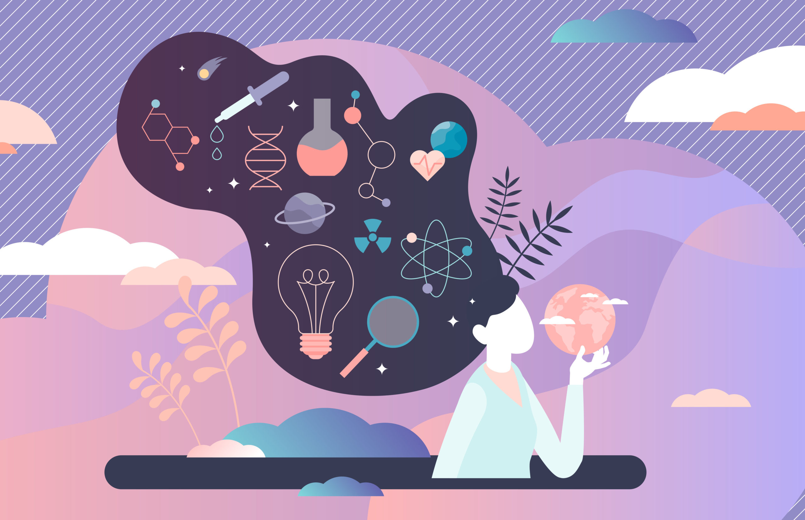 Science thought bubble, Woman holding globe, DNA atom lightbulb symbols, Pastel purple flat vector Science thought bubble, Woman holding globe, DNA atom lightbulb symbols, Pastel purple flat vector — 2560×1655 HD wallpaper
