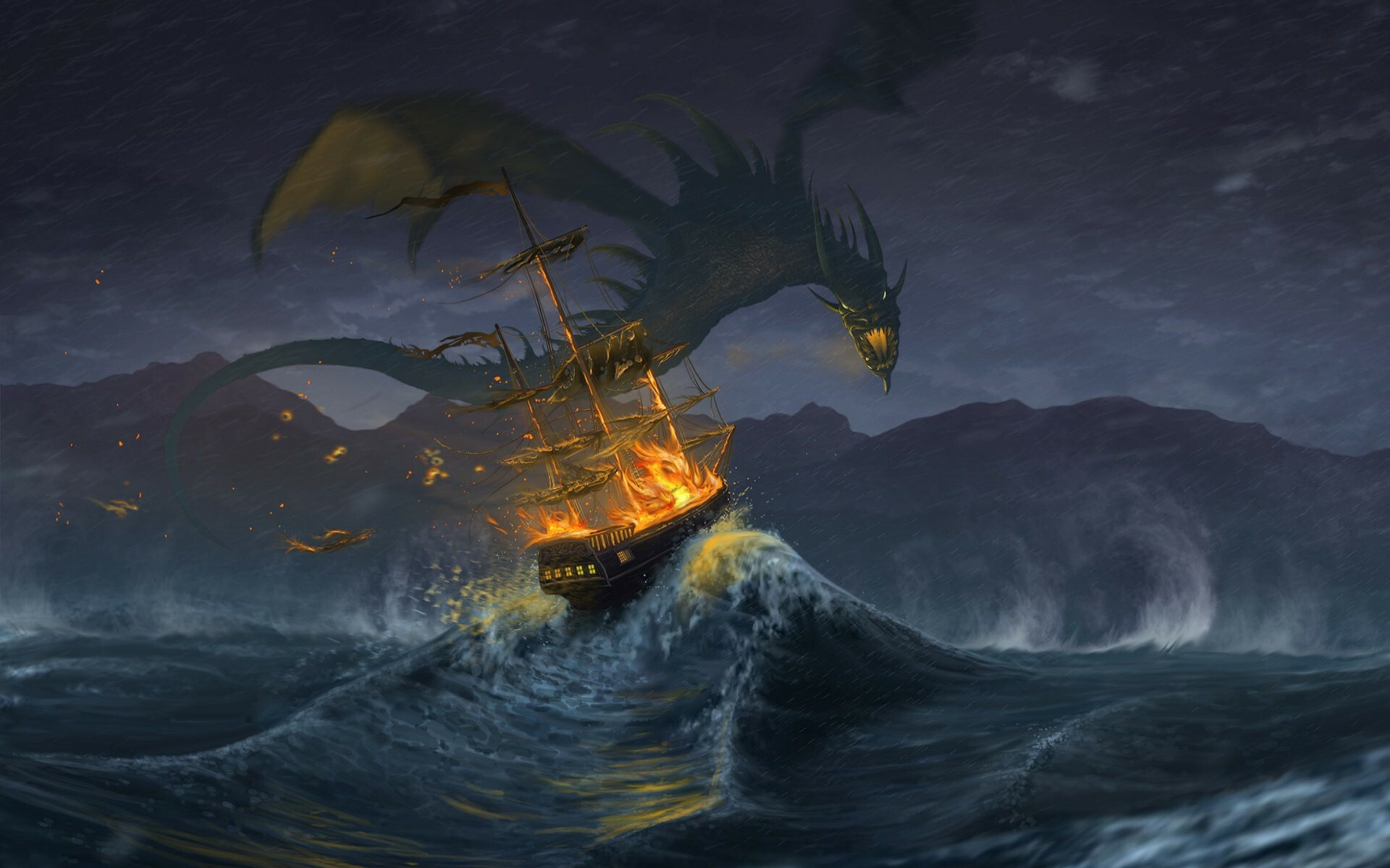 Green sea serpent dragon, Burning sailing ship, Stormy night ocean Green sea serpent dragon, Burning sailing ship, Stormy night ocean — 1920×1200 HD wallpaper