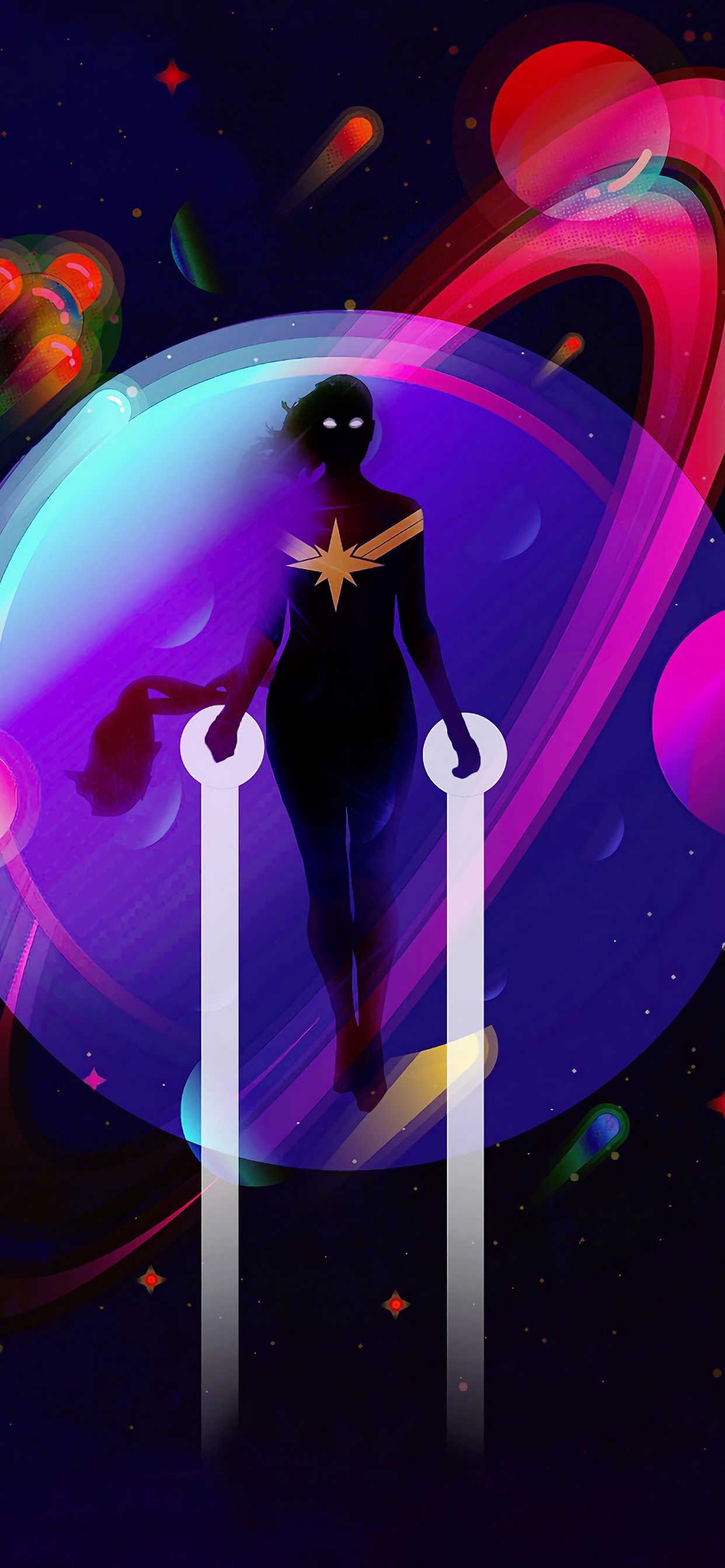 Captain Marvel silhouette, Ringed planet, Cosmic starfield Captain Marvel silhouette, Ringed planet, Cosmic starfield — 1242×2688 HD wallpaper