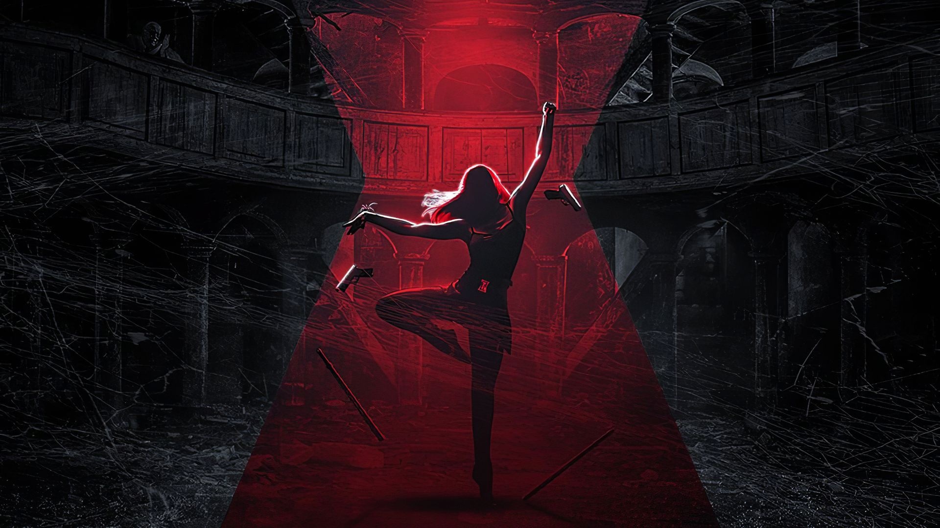 Black Widow silhouette, Ballerina pose, Abandoned theater interior, Red spotlight Black Widow silhouette, Ballerina pose, Abandoned theater interior, Red spotlight — 1920×1080 HD wallpaper