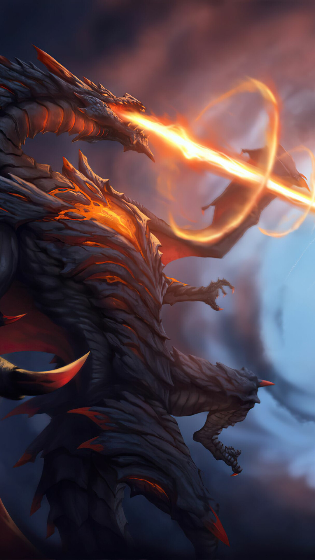 Stone-scaled fire dragon, Fiery whip breath, Dark blue backdrop Stone-scaled fire dragon, Fiery whip breath, Dark blue backdrop — 1080×1920 mobile wallpaper