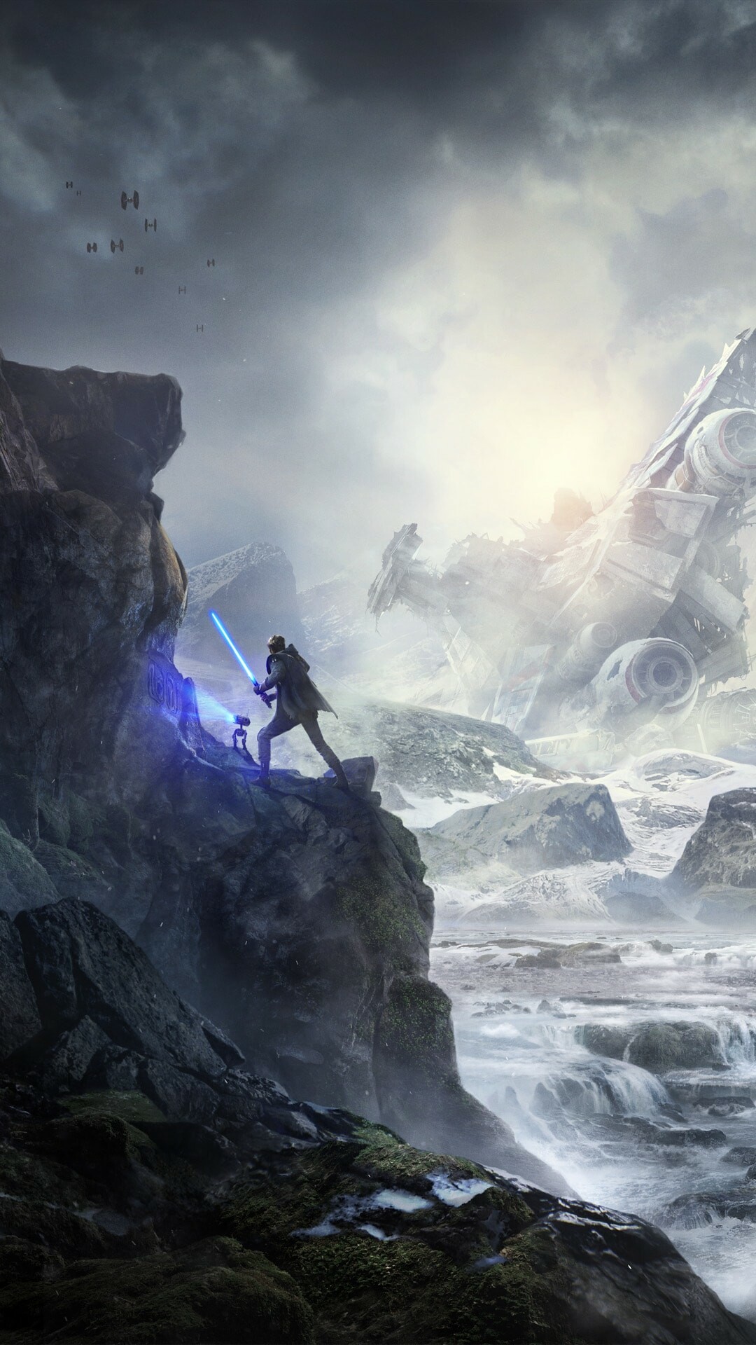 Cal Kestis blue lightsaber, BD-1 droid, Star Wars Jedi: Fallen Order, Crashed Imperial-class Star Destroyer, TIE fighter, Galactic Empire Cal Kestis blue lightsaber, BD-1 droid, Star Wars Jedi: Fallen Order, Crashed Imperial-class Star Destroyer, TIE fighter, Galactic Empire — 1080×1920 HD wallpaper