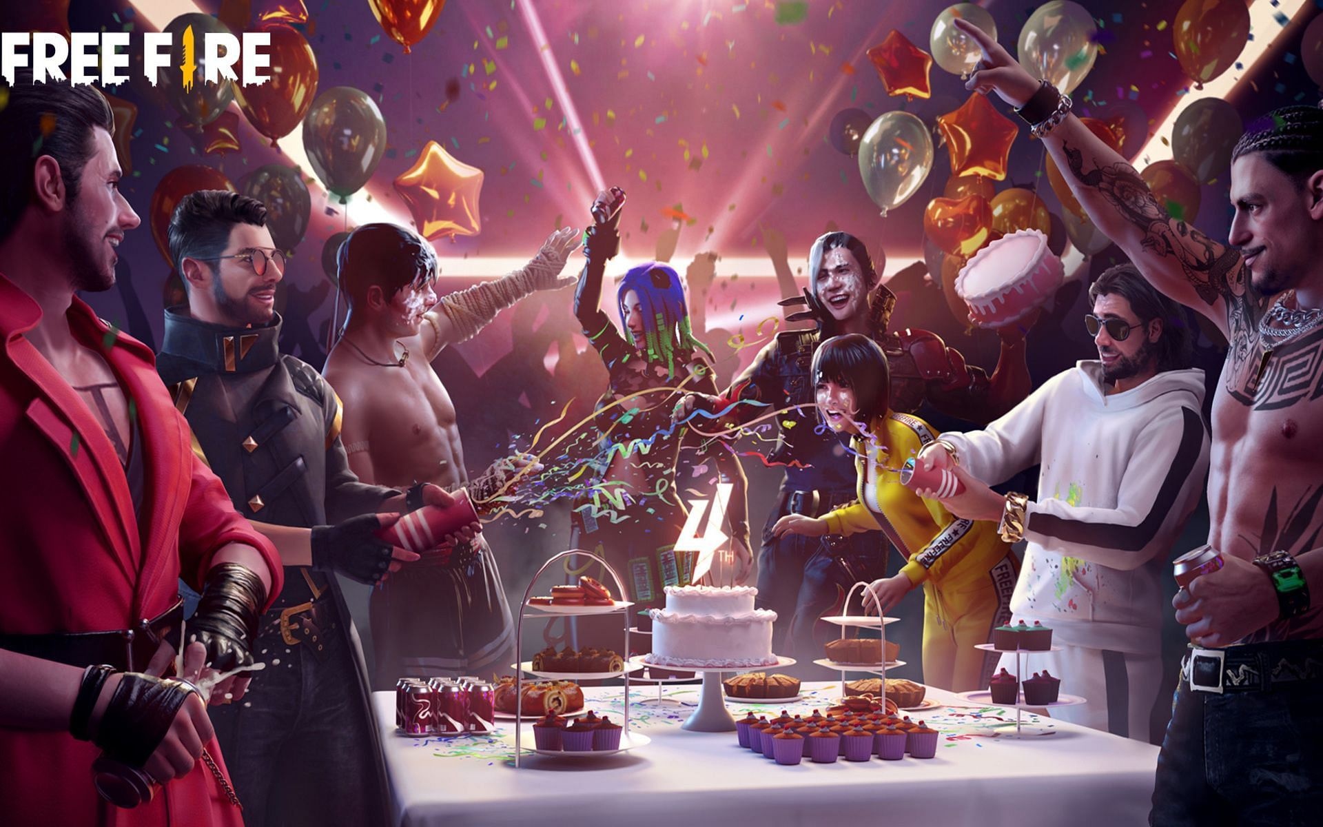 Free Fire 4th anniversary, Character group celebration, Birthday cake dessert table Free Fire 4th anniversary, Character group celebration, Birthday cake dessert table — 1920×1200 HD wallpaper