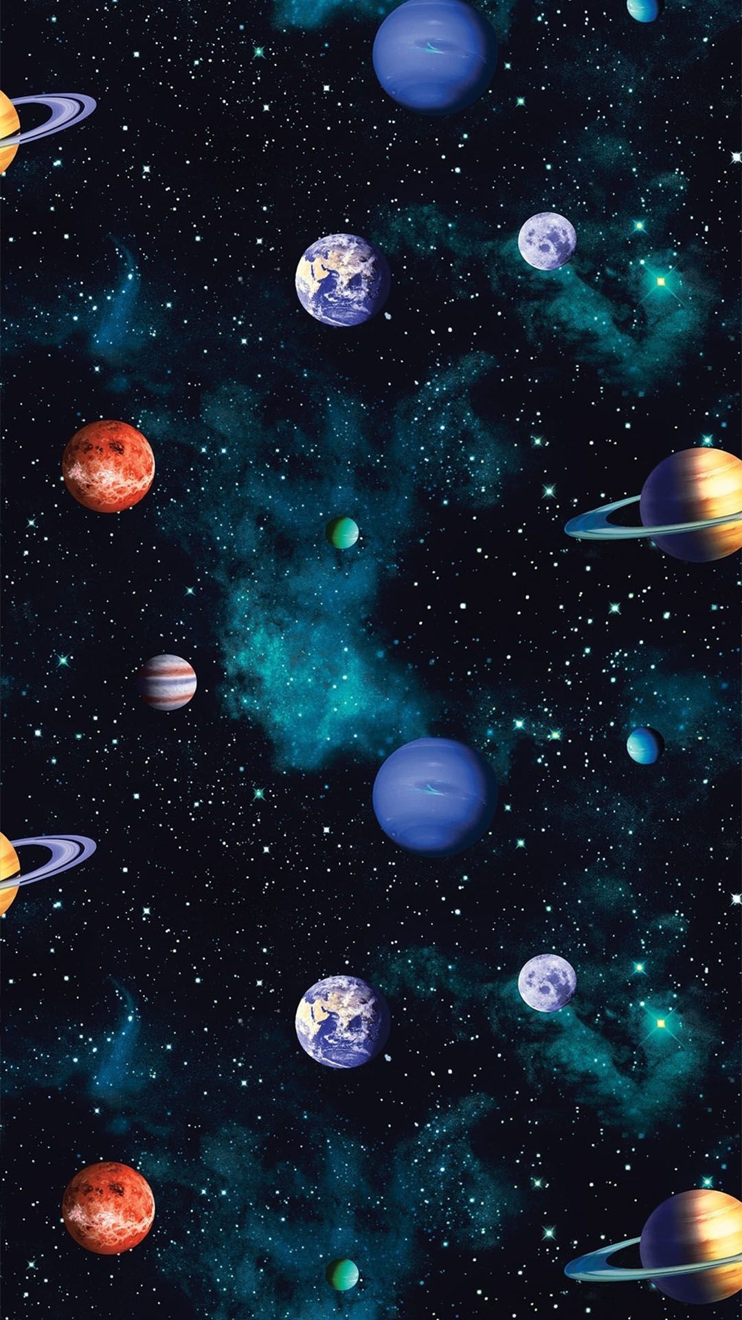 Solar system planets, Saturn rings Neptune, Teal nebula starfield Solar system planets, Saturn rings Neptune, Teal nebula starfield — 1080×1920 HD wallpaper