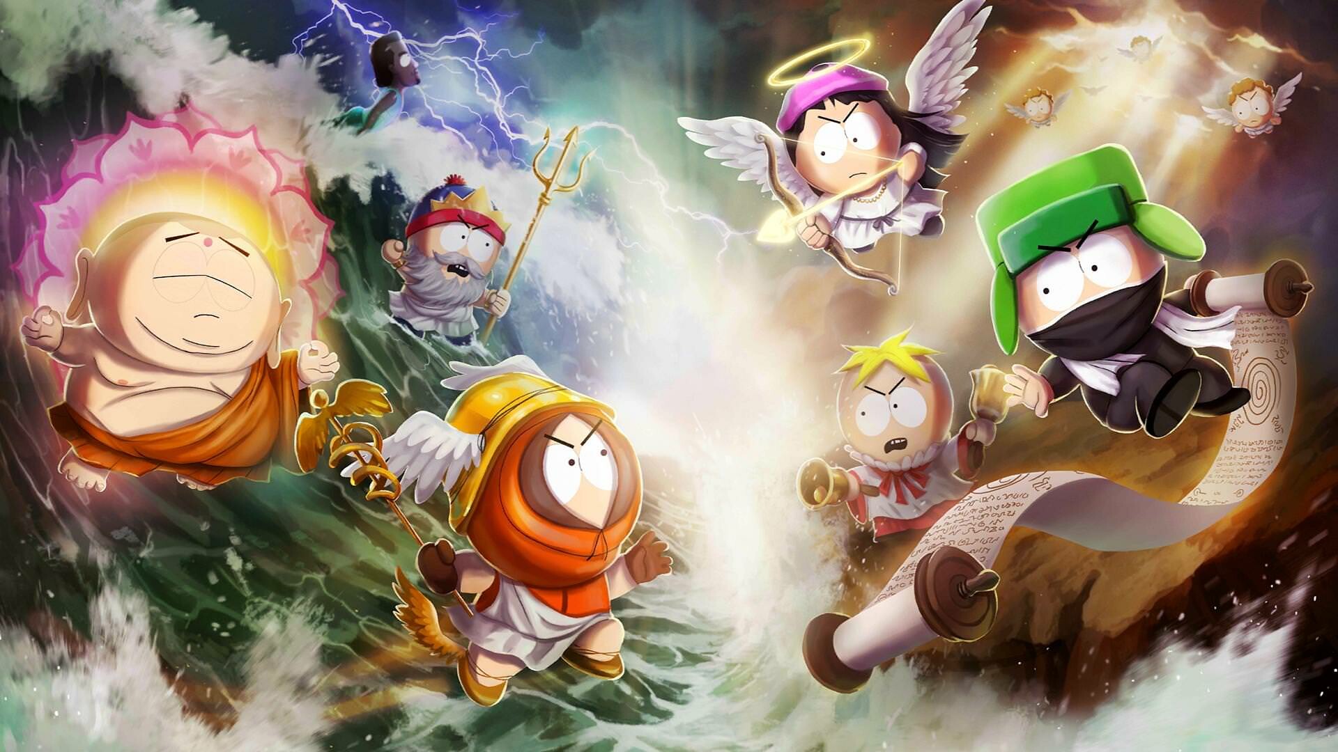 Stick of Truth characters, Kenny angel costume, Cartman buddha halo, Mythological battle scene Stick of Truth characters, Kenny angel costume, Cartman buddha halo, Mythological battle scene — 1920×1080 HD wallpaper