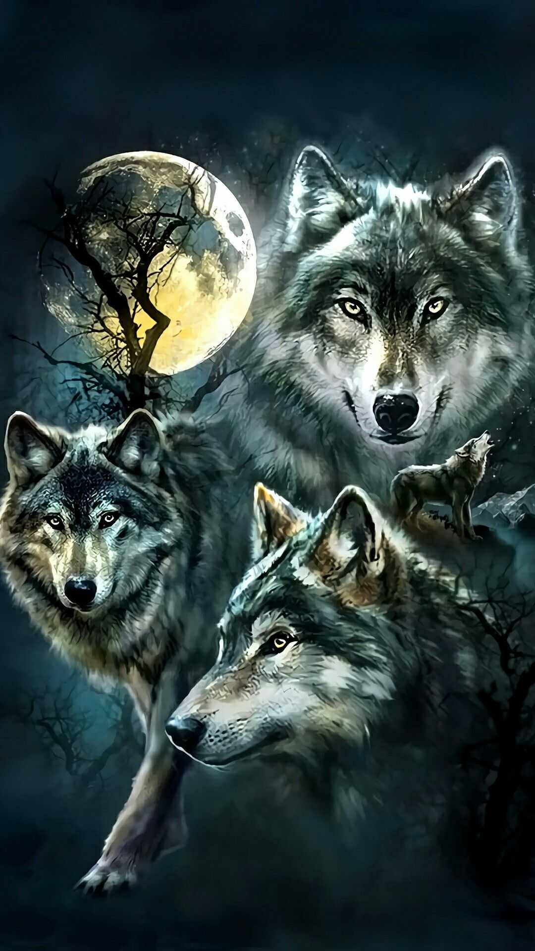 Three gray wolves montage, Howling wolf silhouette, Full moon and bare tree Three gray wolves montage, Howling wolf silhouette, Full moon and bare tree — 1080×1920 HD wallpaper