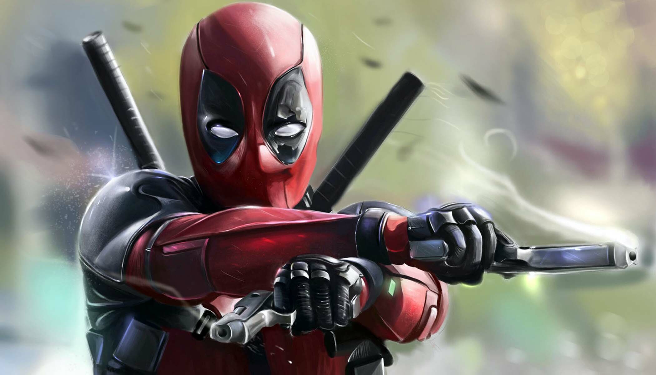 Deadpool dual pistols aimed, Sideways gunslinger stance, Digital painting Deadpool dual pistols aimed, Sideways gunslinger stance, Digital painting — 2100×1201 HD wallpaper