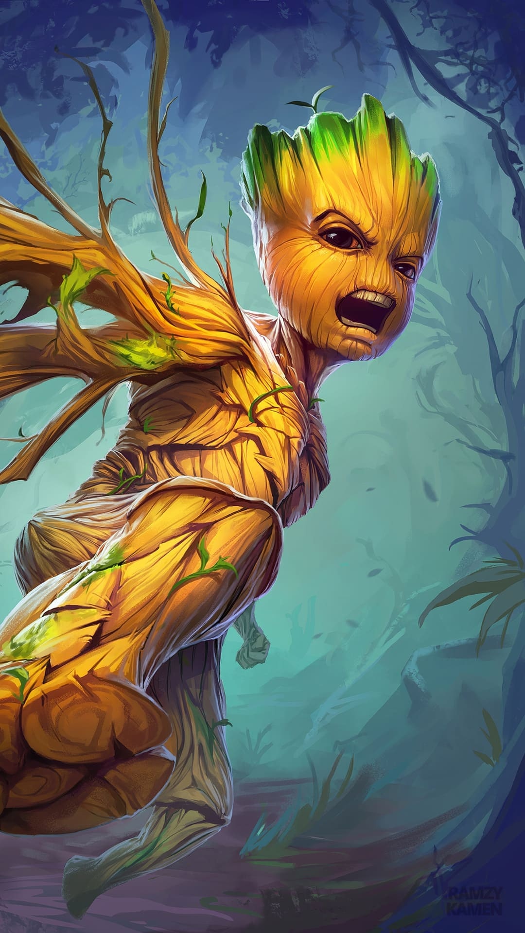 Baby Groot, Misty forest, Angry shouting expression Baby Groot, Misty forest, Angry shouting expression — 1080×1920 HD wallpaper