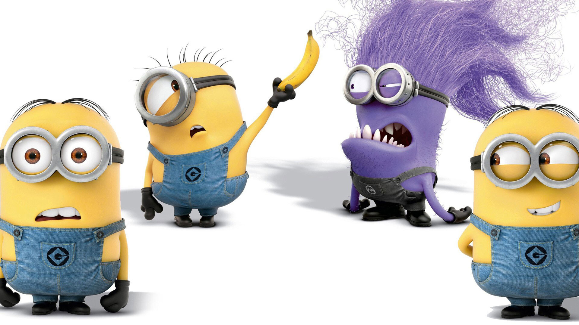 Yellow Minions group, Purple evil Minion, Banana held up Yellow Minions group, Purple evil Minion, Banana held up — 1920×1080 HD wallpaper