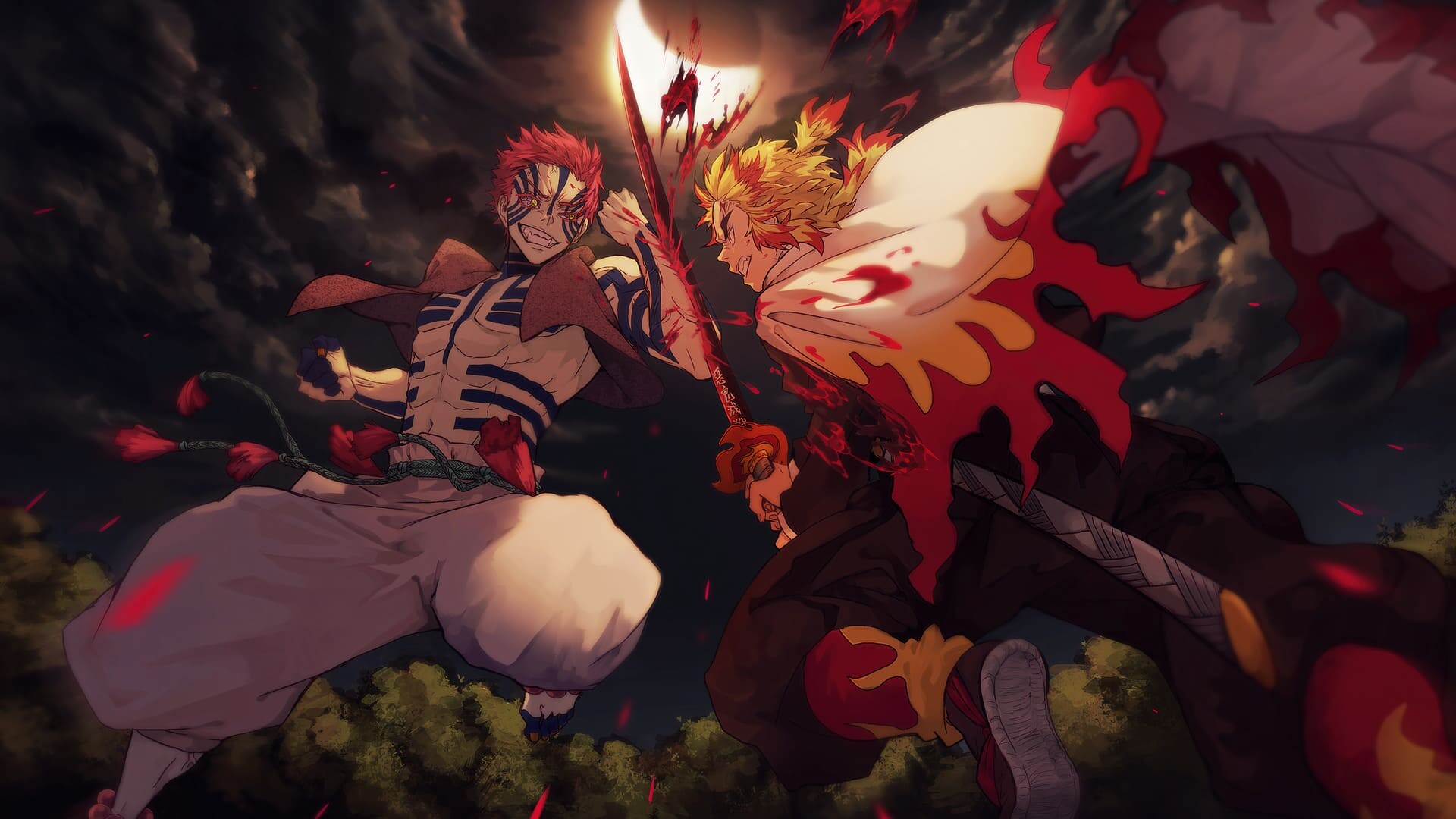 Kyojuro Rengoku, Akaza, Mugen Train battle Kyojuro Rengoku, Akaza, Mugen Train battle — 1920×1080 HD wallpaper