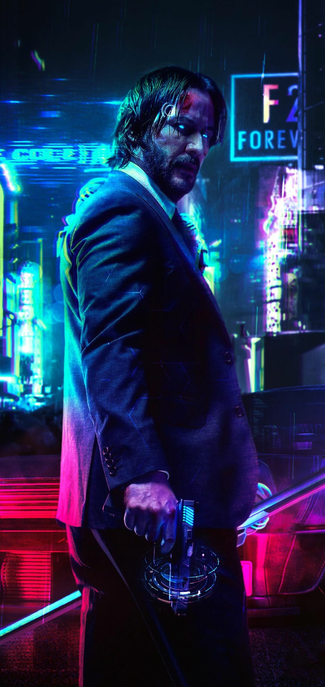 John Wick crossover, Keanu Reeves suit, Neon-lit street John Wick crossover, Keanu Reeves suit, Neon-lit street — 1080×2280 HD wallpaper