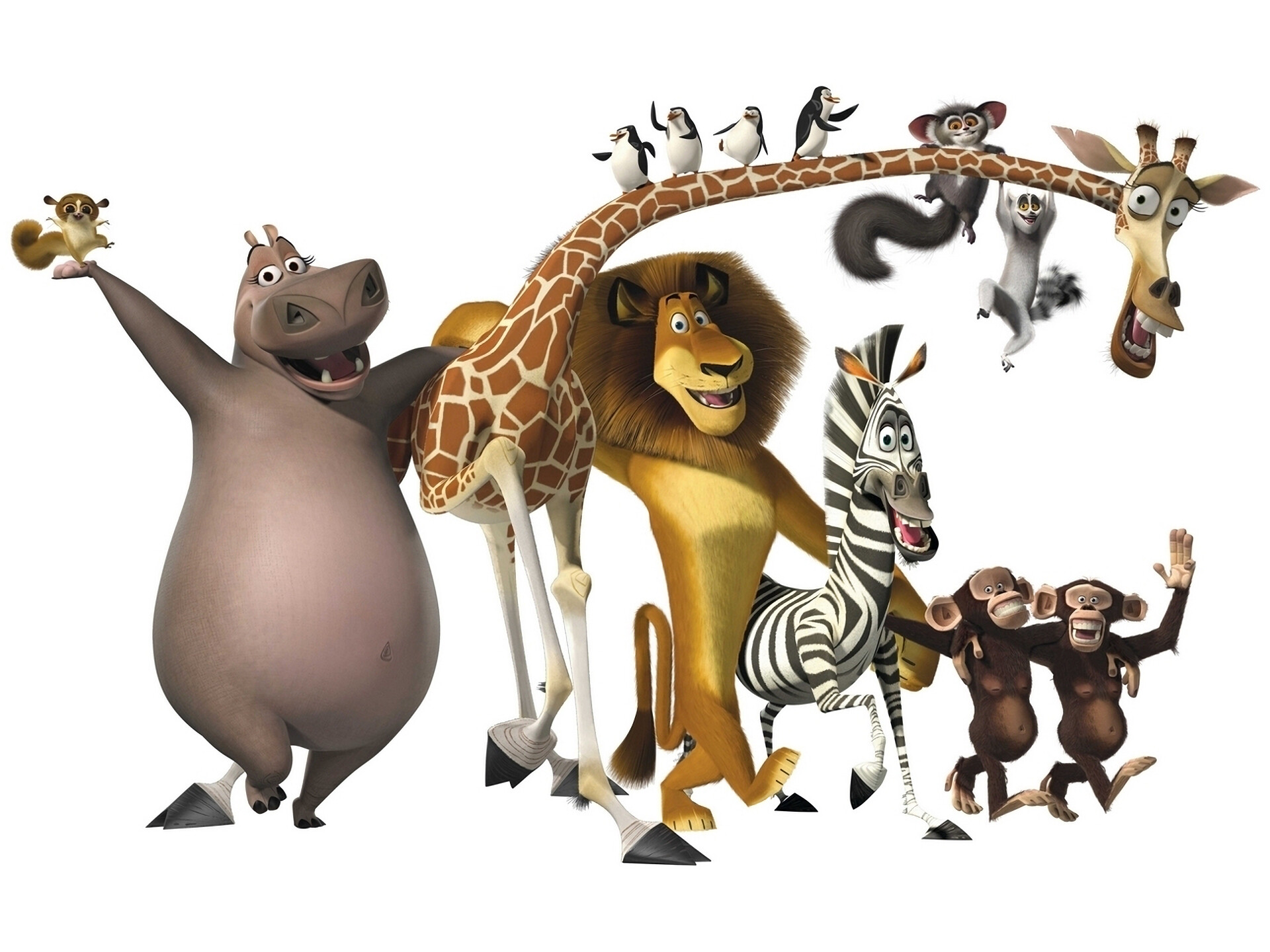 Alex the Lion, Marty the Zebra, Gloria and Melman, Penguins of Madagascar, King Julien Alex the Lion, Marty the Zebra, Gloria and Melman, Penguins of Madagascar, King Julien — 1920×1440 HD wallpaper