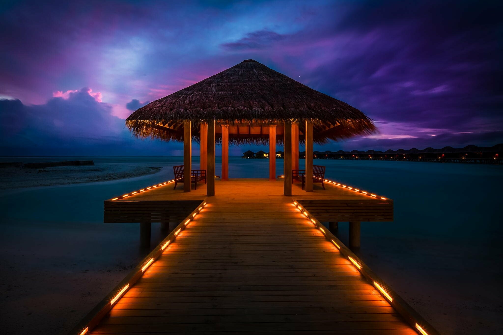 Maldives thatched gazebo pier, Overwater bungalows dusk, Purple twilight sky Maldives thatched gazebo pier, Overwater bungalows dusk, Purple twilight sky — 2048×1365 HD wallpaper