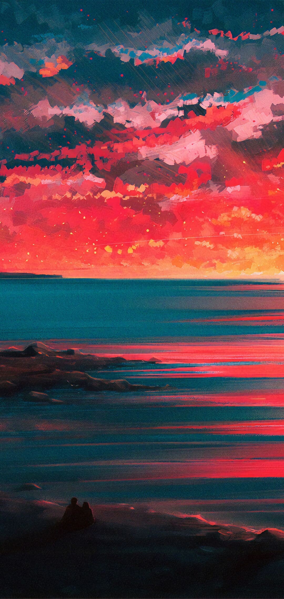 Painterly ocean sunset, Silhouetted couple shore, Crimson cloud reflections Painterly ocean sunset, Silhouetted couple shore, Crimson cloud reflections — 1080×2280 HD wallpaper
