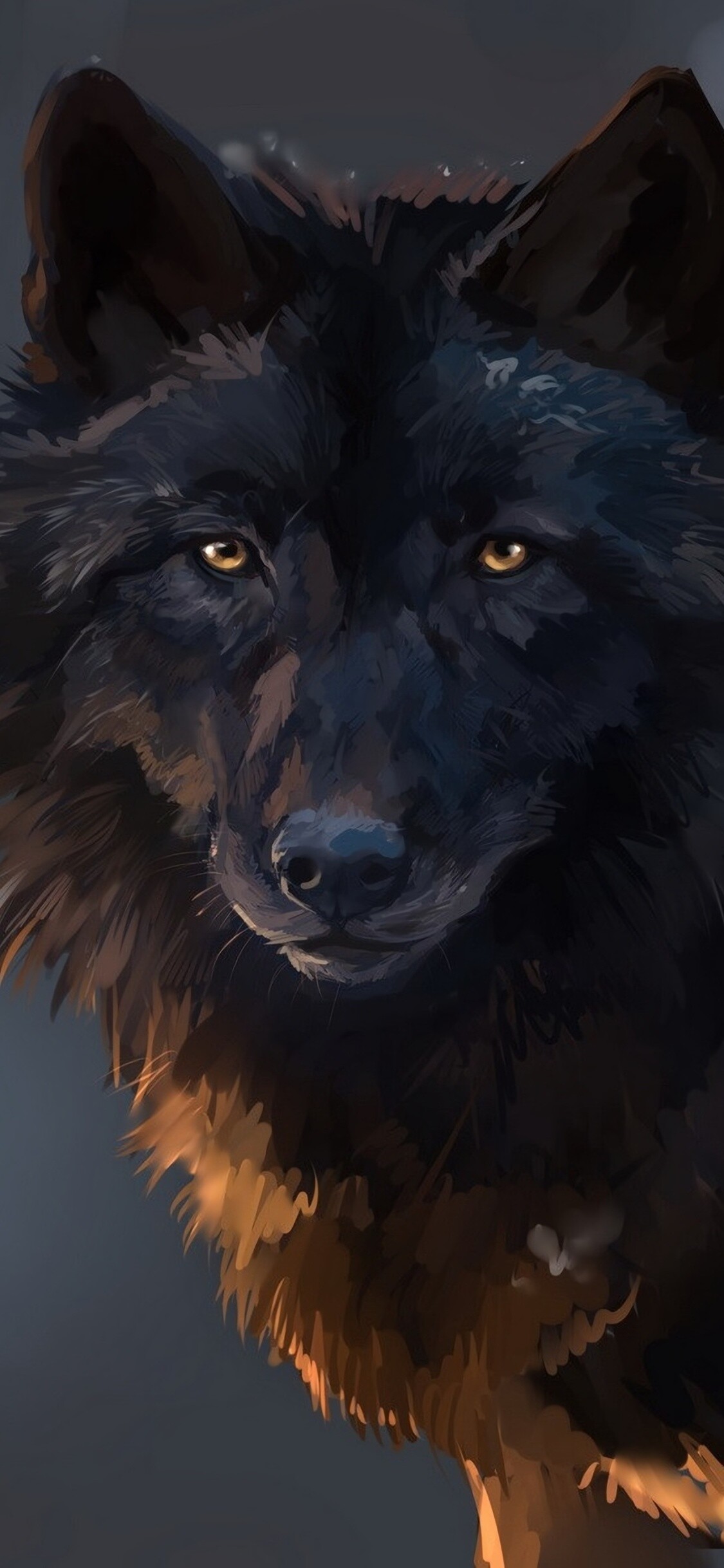 Black wolf portrait, Yellow glowing eyes, Digital painting Black wolf portrait, Yellow glowing eyes, Digital painting — 1125×2436 HD wallpaper