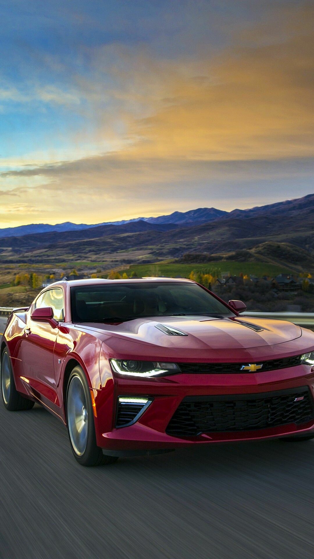 Red Chevrolet Camaro SS, Mountain valley sunset, Open highway drive Red Chevrolet Camaro SS, Mountain valley sunset, Open highway drive — 1080×1920 HD wallpaper