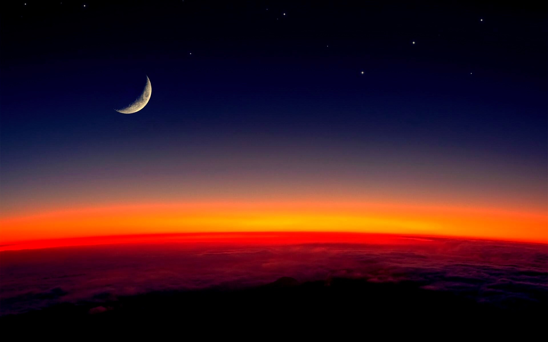 Crescent moon, Fiery sunset horizon, Starry twilight sky Crescent moon, Fiery sunset horizon, Starry twilight sky — 1920×1200 HD wallpaper