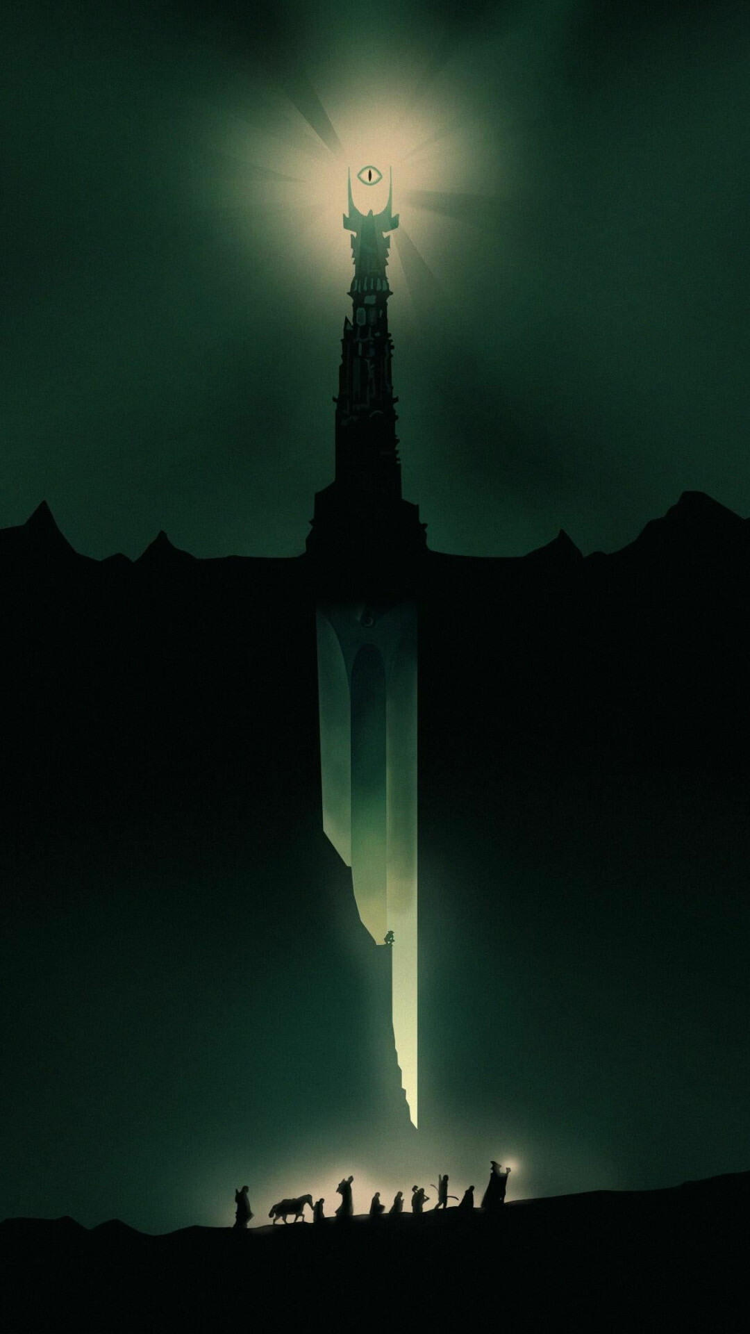 Gandalf, Frodo, Aragorn, the Fellowship of the Ring silhouette, Eye of Sauron, Barad-dûr, Mordor Gandalf, Frodo, Aragorn, the Fellowship of the Ring silhouette, Eye of Sauron, Barad-dûr, Mordor — 1080×1920 HD wallpaper