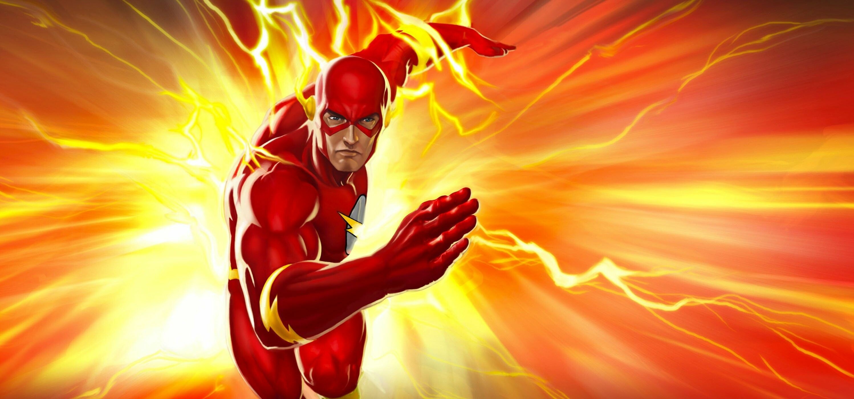 The Flash DC, Yellow lightning bolts, Red superhero suit, Dual Screen The Flash DC, Yellow lightning bolts, Red superhero suit, Dual Screen — 2996×1400 HD wallpaper