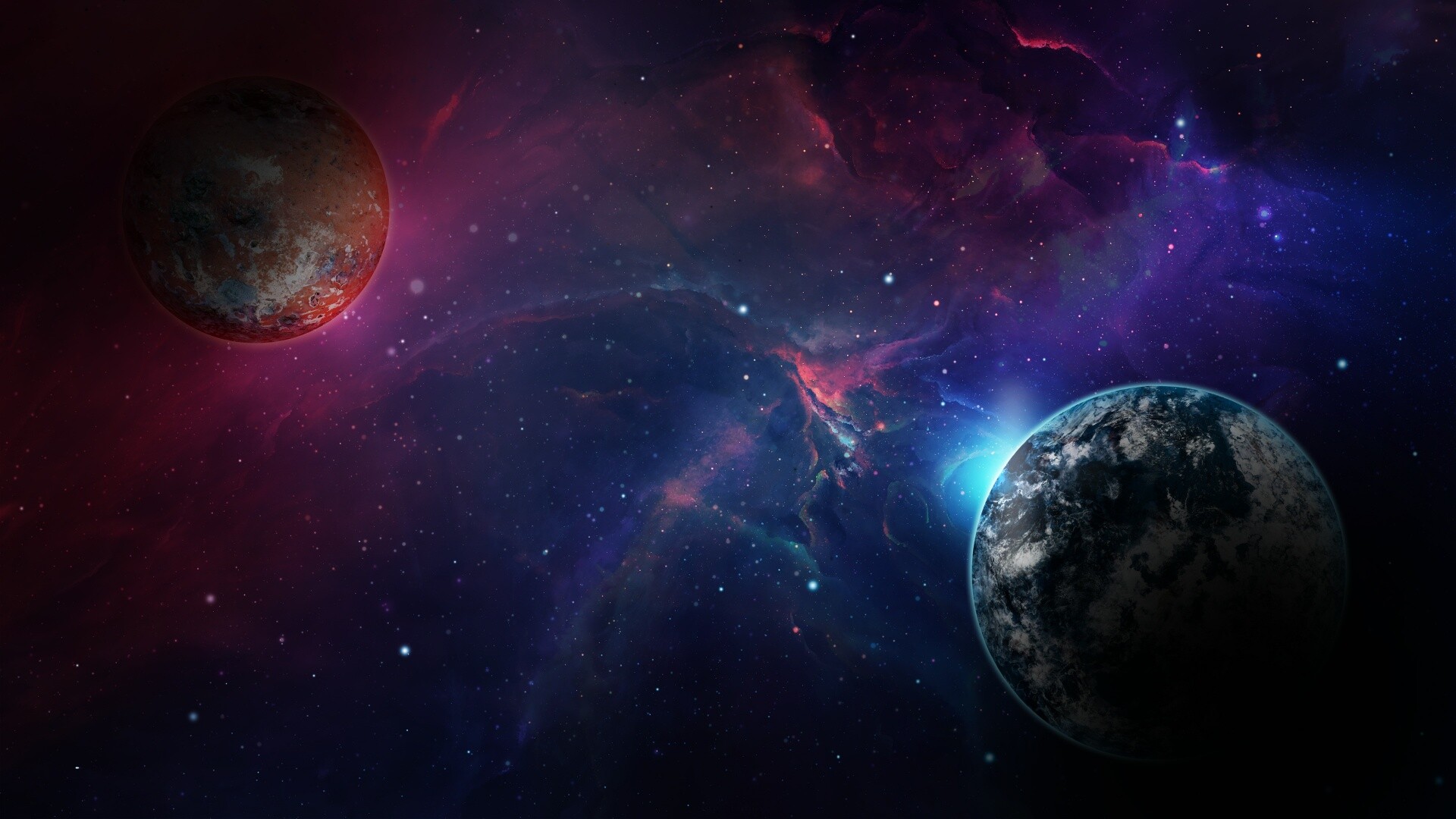 Two rocky planets, Purple pink nebula, Digital space art Two rocky planets, Purple pink nebula, Digital space art — 1920×1080 HD wallpaper