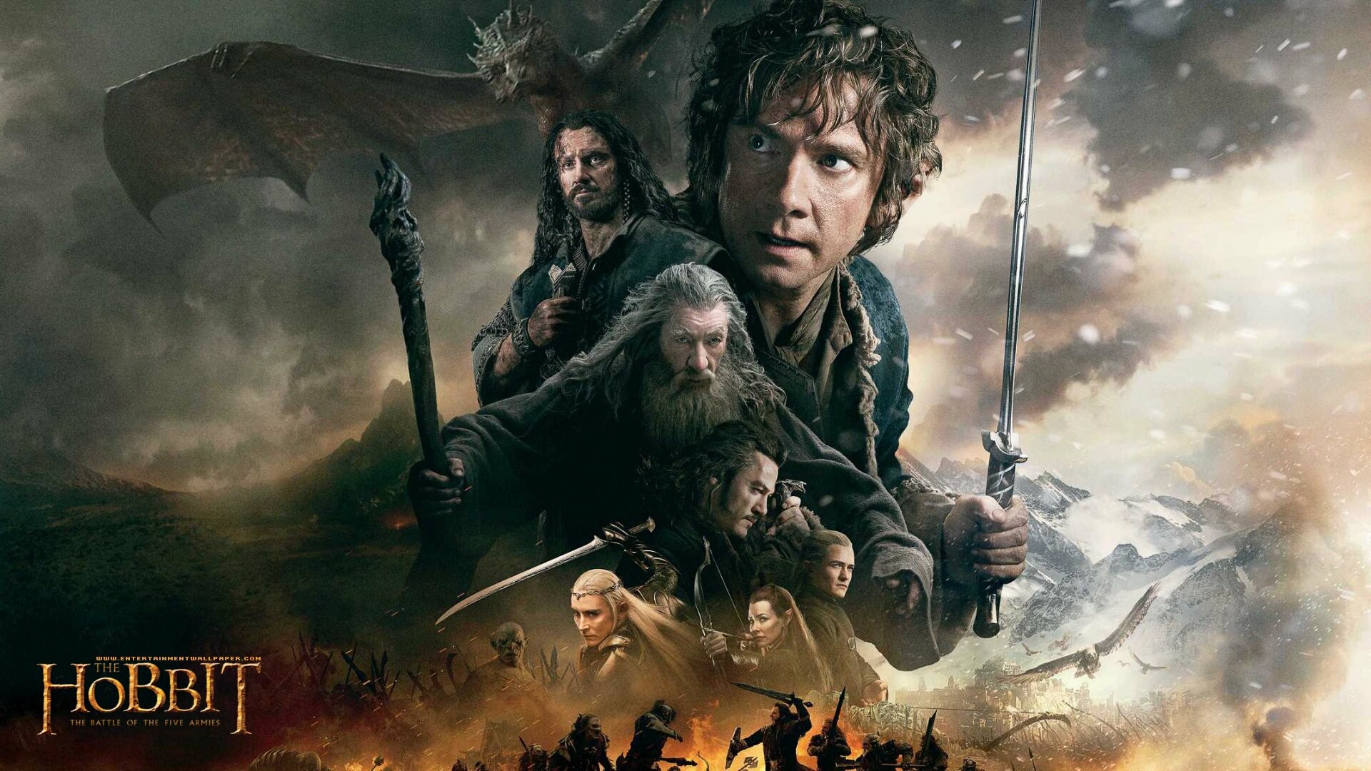 Bilbo with Sting sword, Gandalf and Thorin, Battle of Five Armies, Legolas and Tauriel Bilbo with Sting sword, Gandalf and Thorin, Battle of Five Armies, Legolas and Tauriel — 1920×1080 HD wallpaper