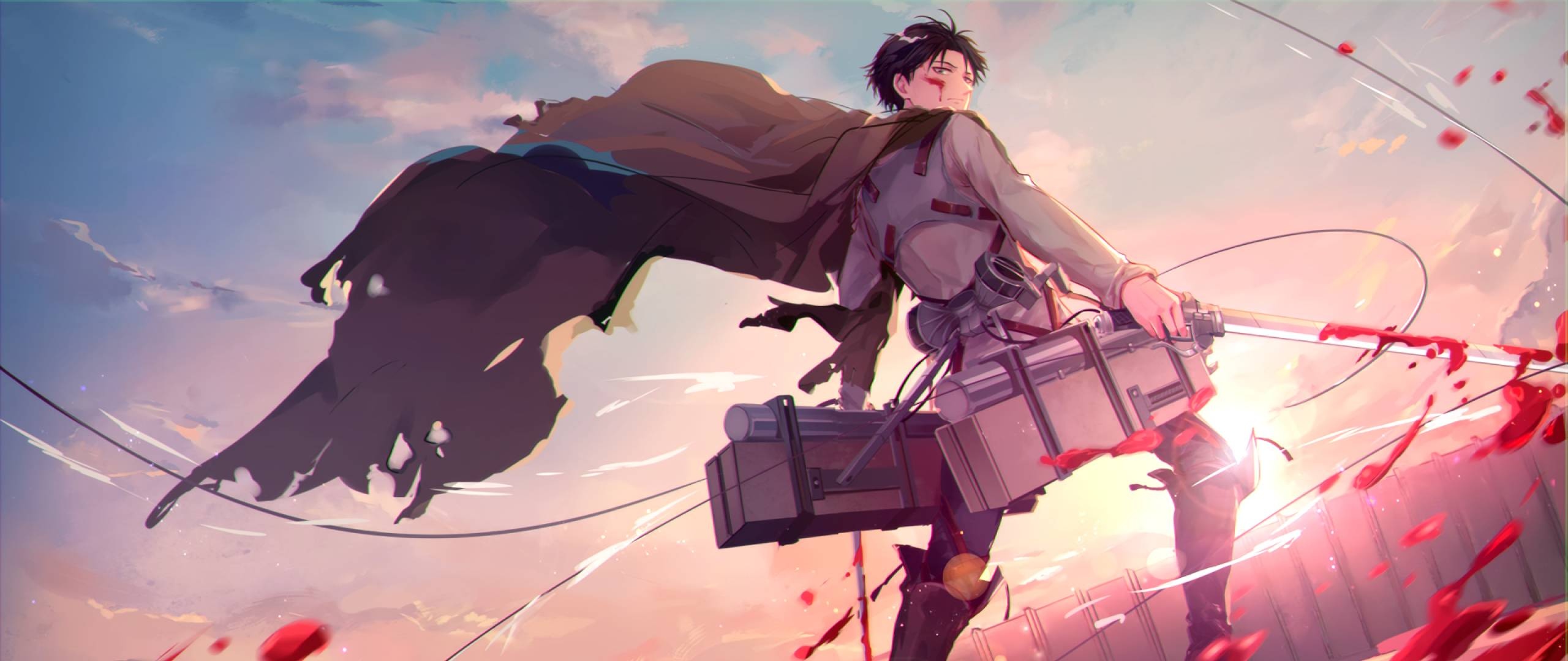 Levi Ackerman, ODM gear blades, Survey Corps cloak, Blood splatter sunset, Dual Screen Levi Ackerman, ODM gear blades, Survey Corps cloak, Blood splatter sunset, Dual Screen — 2560×1080 HD wallpaper