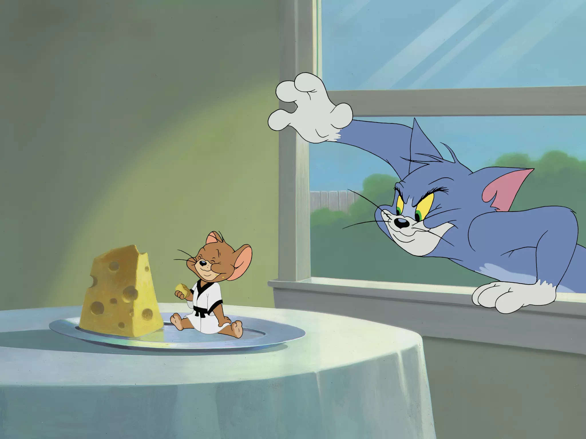 Tom the cat, Jerry in karate gi, Swiss cheese wedge, Sunny dining room Tom the cat, Jerry in karate gi, Swiss cheese wedge, Sunny dining room — 2048×1536 HD wallpaper