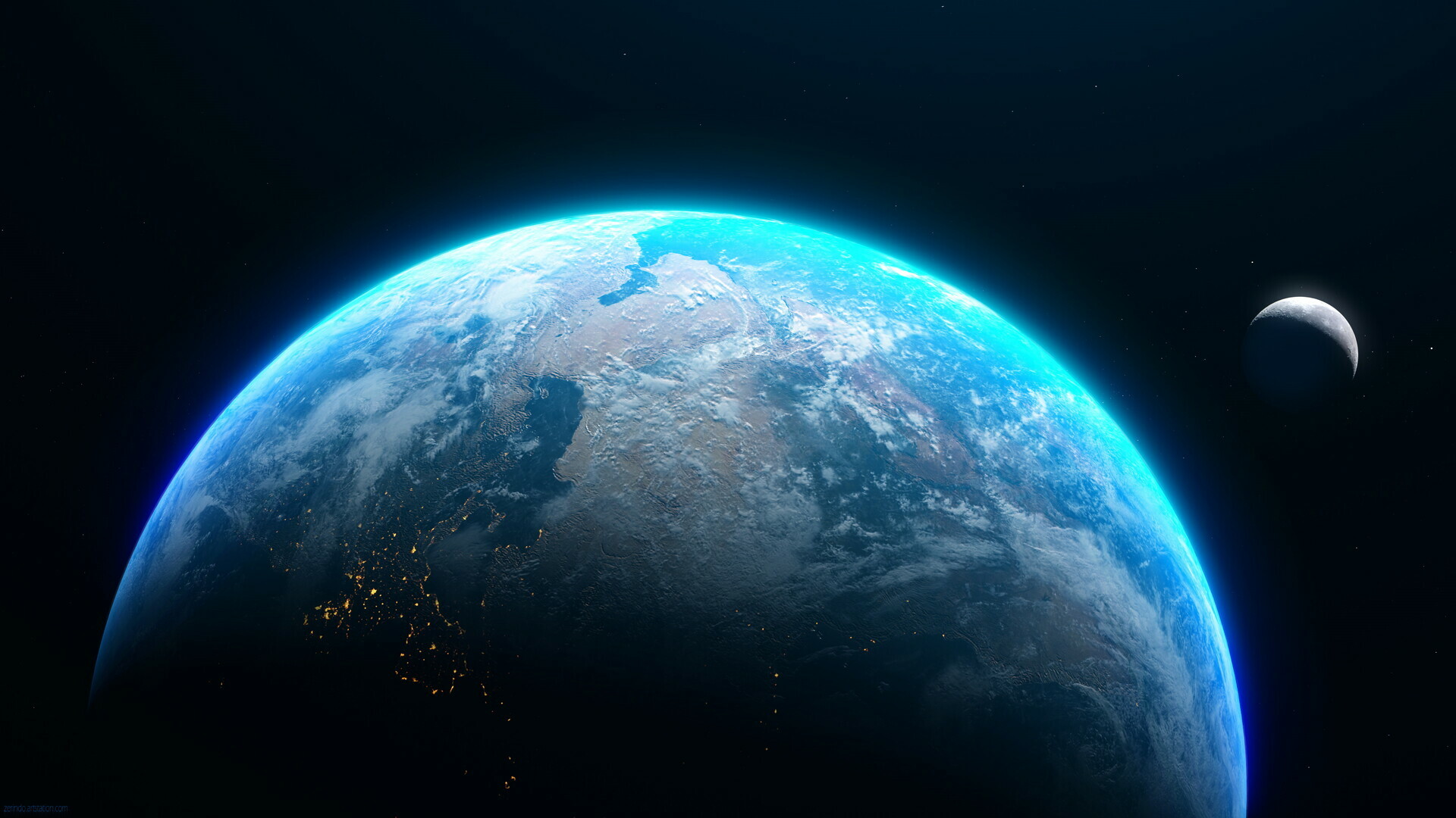 Planet Earth from space, Crescent Moon, City lights at night Planet Earth from space, Crescent Moon, City lights at night — 1920×1080 HD wallpaper
