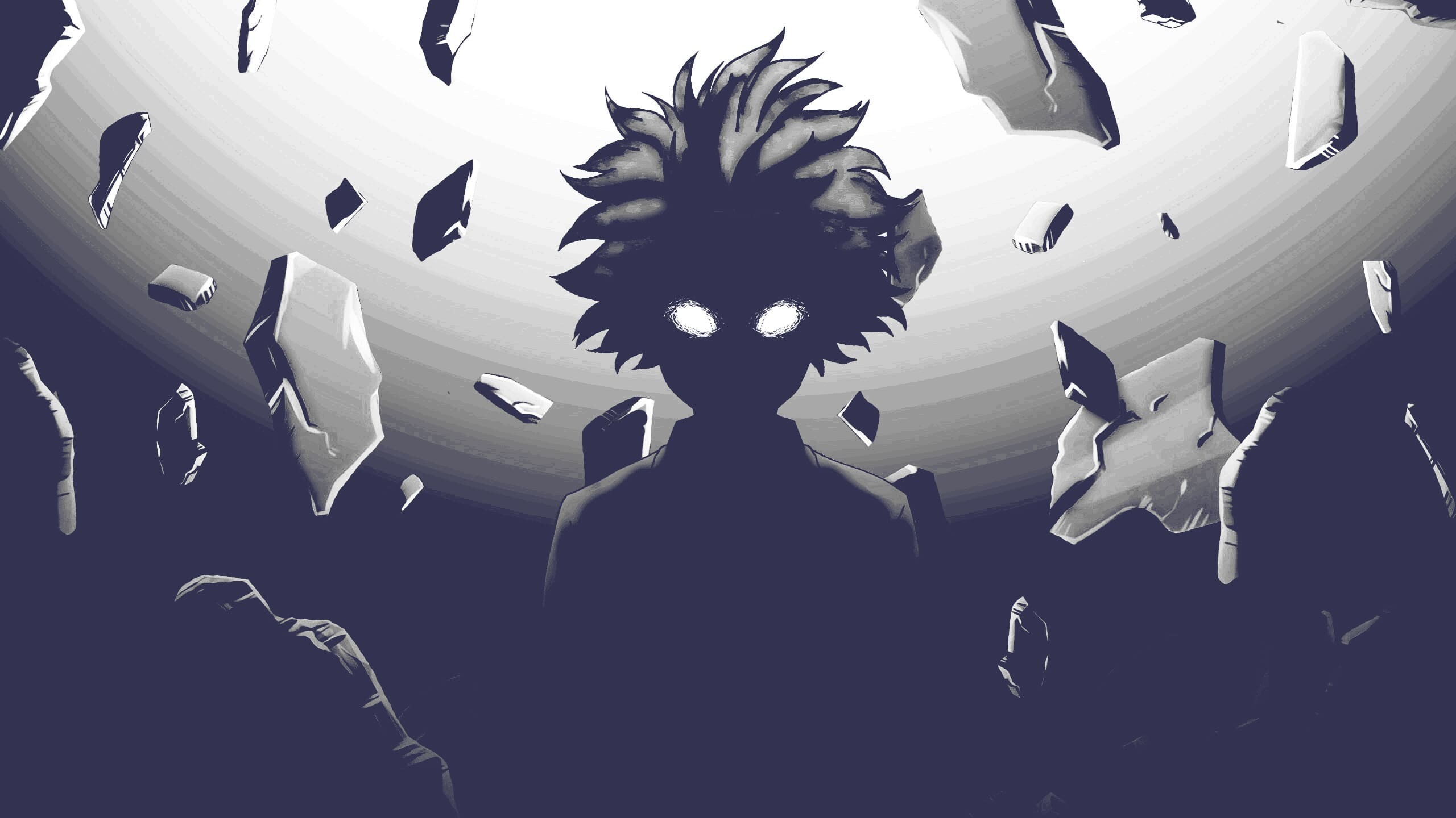 Shigeo Kageyama silhouette, Glowing white eyes, Floating debris shards Shigeo Kageyama silhouette, Glowing white eyes, Floating debris shards — 2560×1440 HD wallpaper