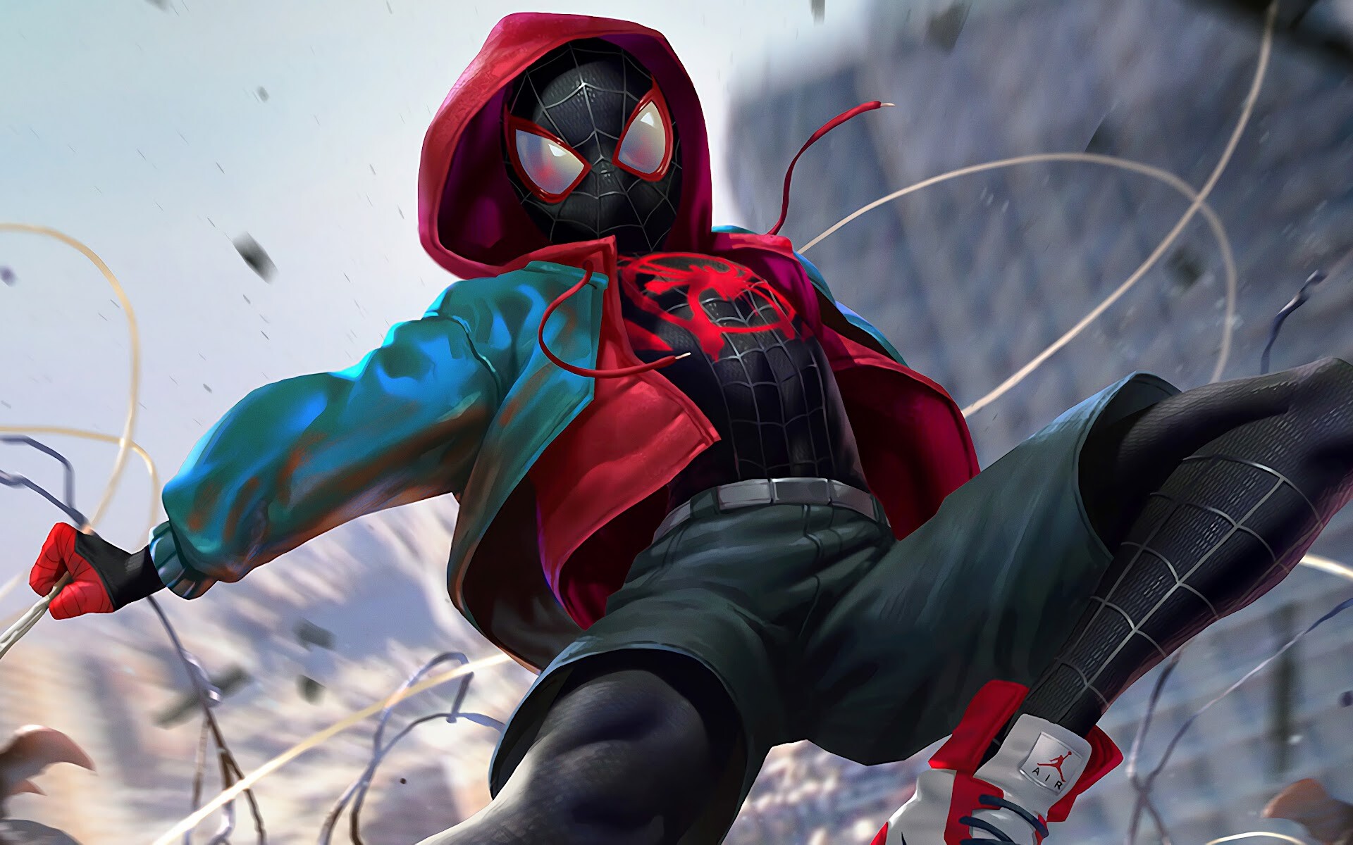 Miles Morales teal jacket, Red Air Jordans, Swinging web lines Miles Morales teal jacket, Red Air Jordans, Swinging web lines — 1920×1200 HD wallpaper