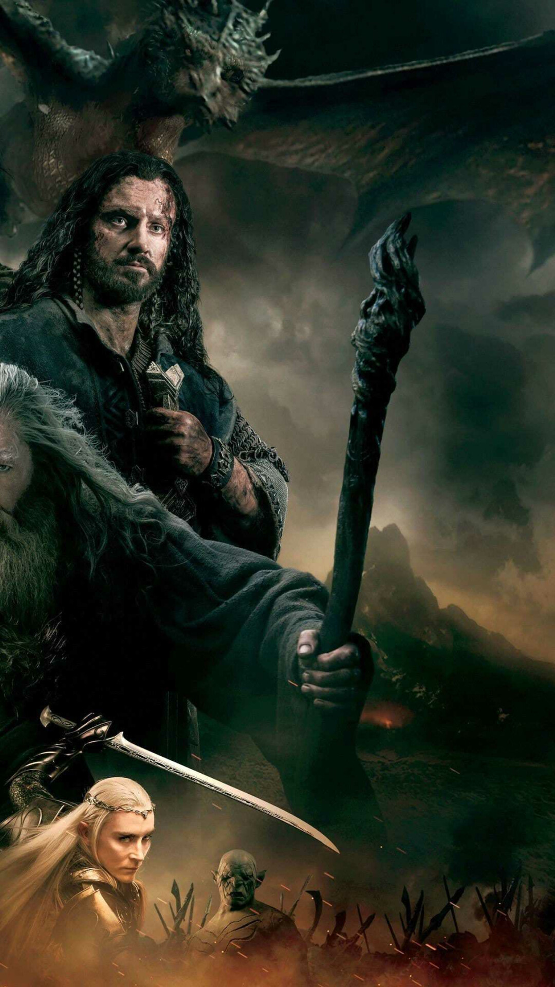 Thorin Oakenshield (Richard Armitage), Gandalf (Ian McKellen), Thranduil (Lee Pace), Legolas (Orlando Bloom), The Hobbit: The Battle of the Five Armies, Smaug, Azog, Orcrist Thorin Oakenshield (Richard Armitage), Gandalf (Ian McKellen), Thranduil (Lee Pace), Legolas (Orlando Bloom), The Hobbit: The Battle of the Five Armies, Smaug, Azog, Orcrist — 1080×1920 HD wallpaper