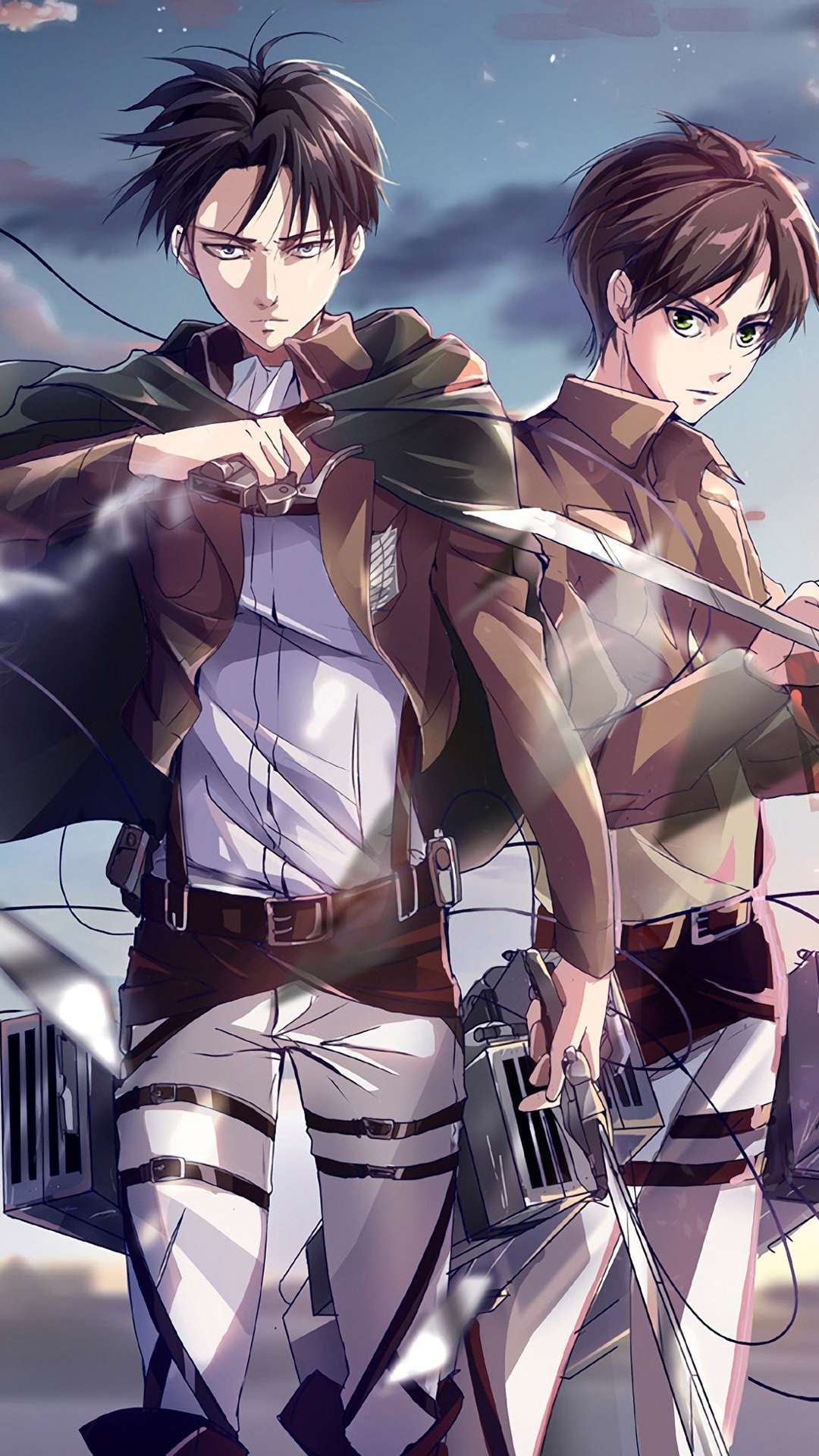 Levi Ackerman, Eren Yeager, Survey Corps uniform, ODM gear blades Levi Ackerman, Eren Yeager, Survey Corps uniform, ODM gear blades — 1080×1920 HD wallpaper