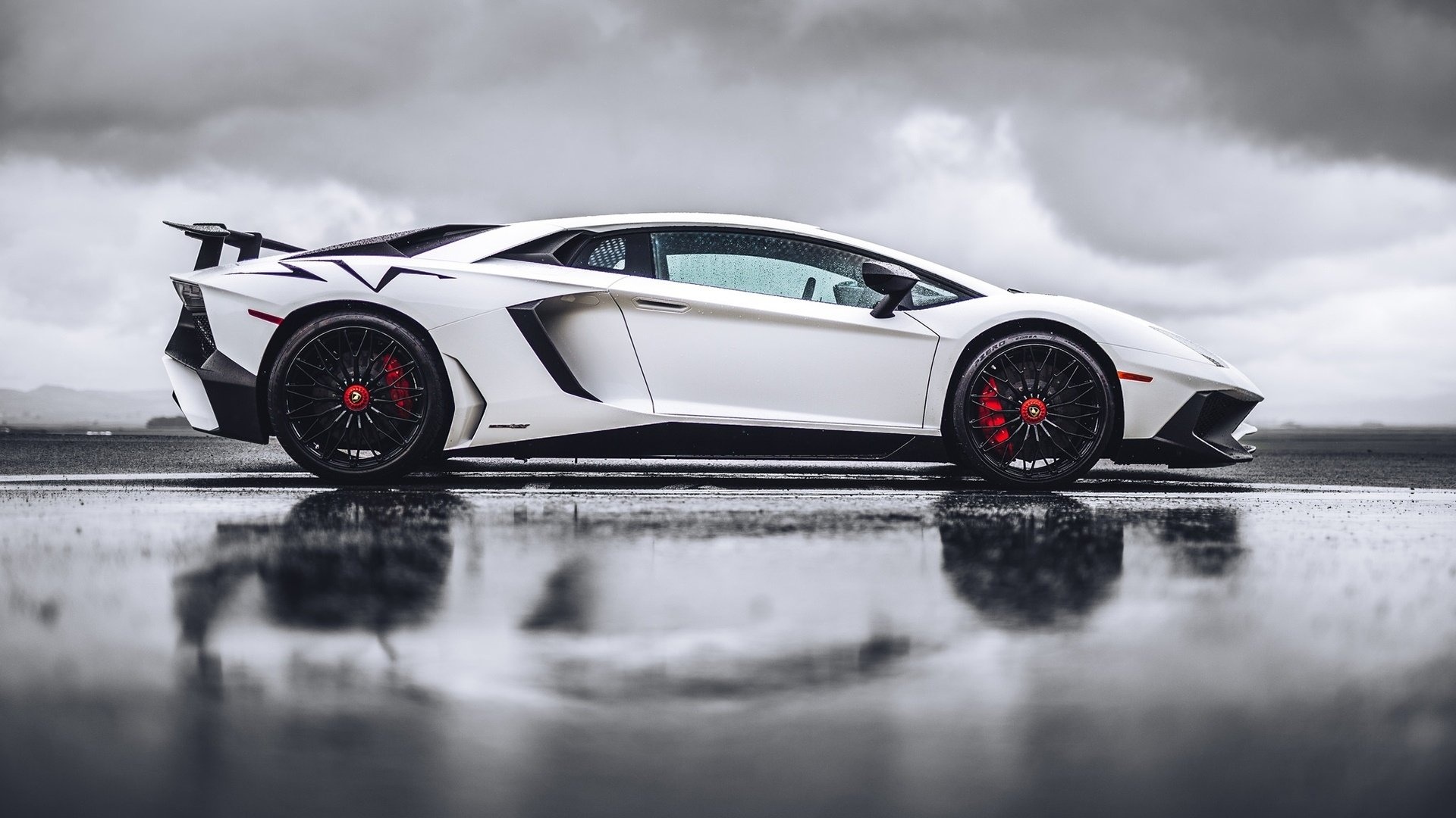 Lamborghini Aventador SV, White coupe side profile, Wet reflection cloudy Lamborghini Aventador SV, White coupe side profile, Wet reflection cloudy — 1920×1080 HD wallpaper